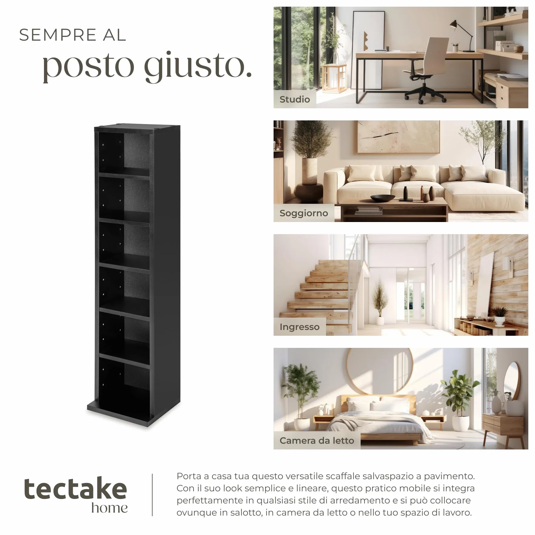 Tectake Scaffale Porta CD DVD 102 CD 6 Piani MDF Rivestimento Plastico 90x21x20 cm Nero