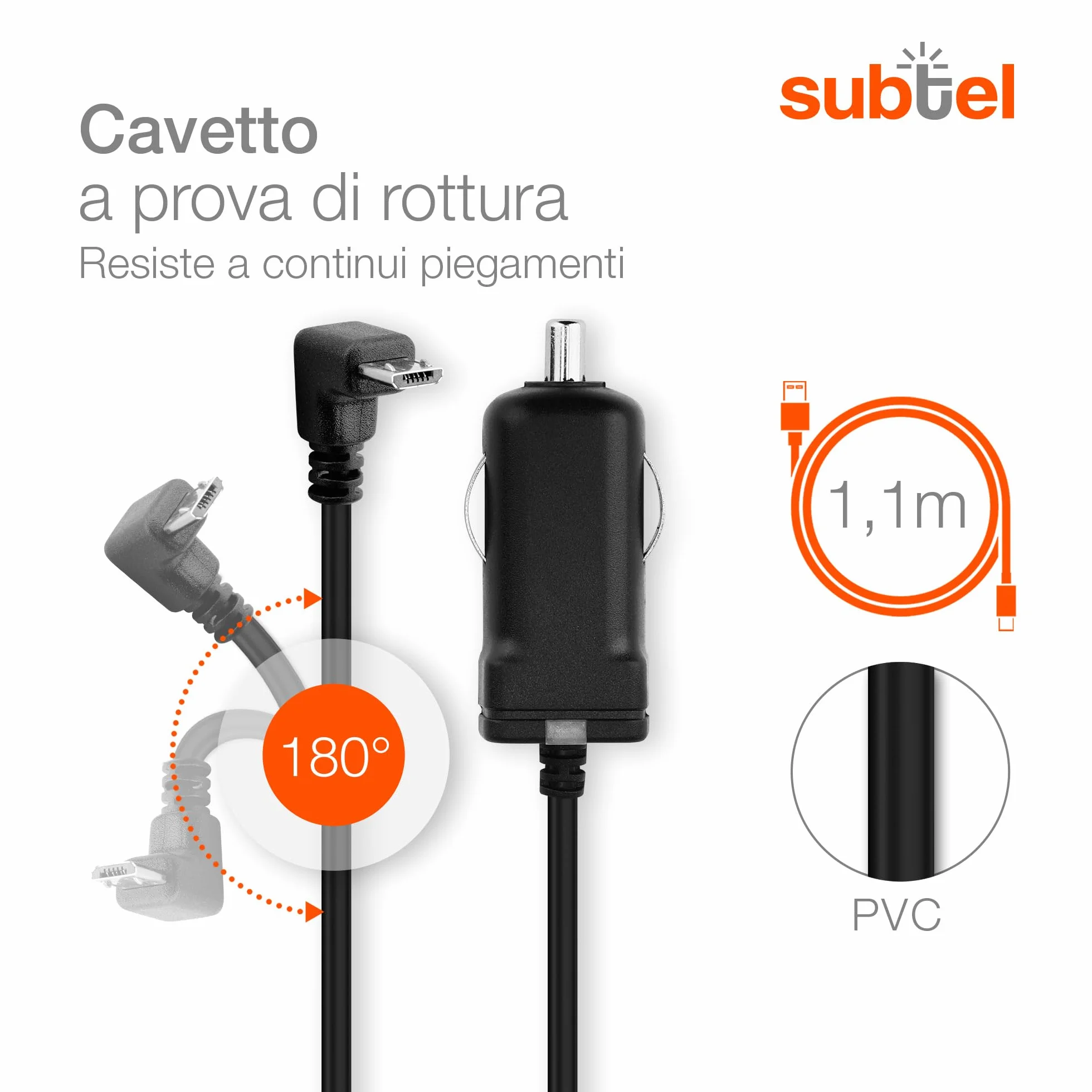 Subtel Caricatore Micro-USB 90° da Auto 1.1m 1A 5V per Navigatore GPS