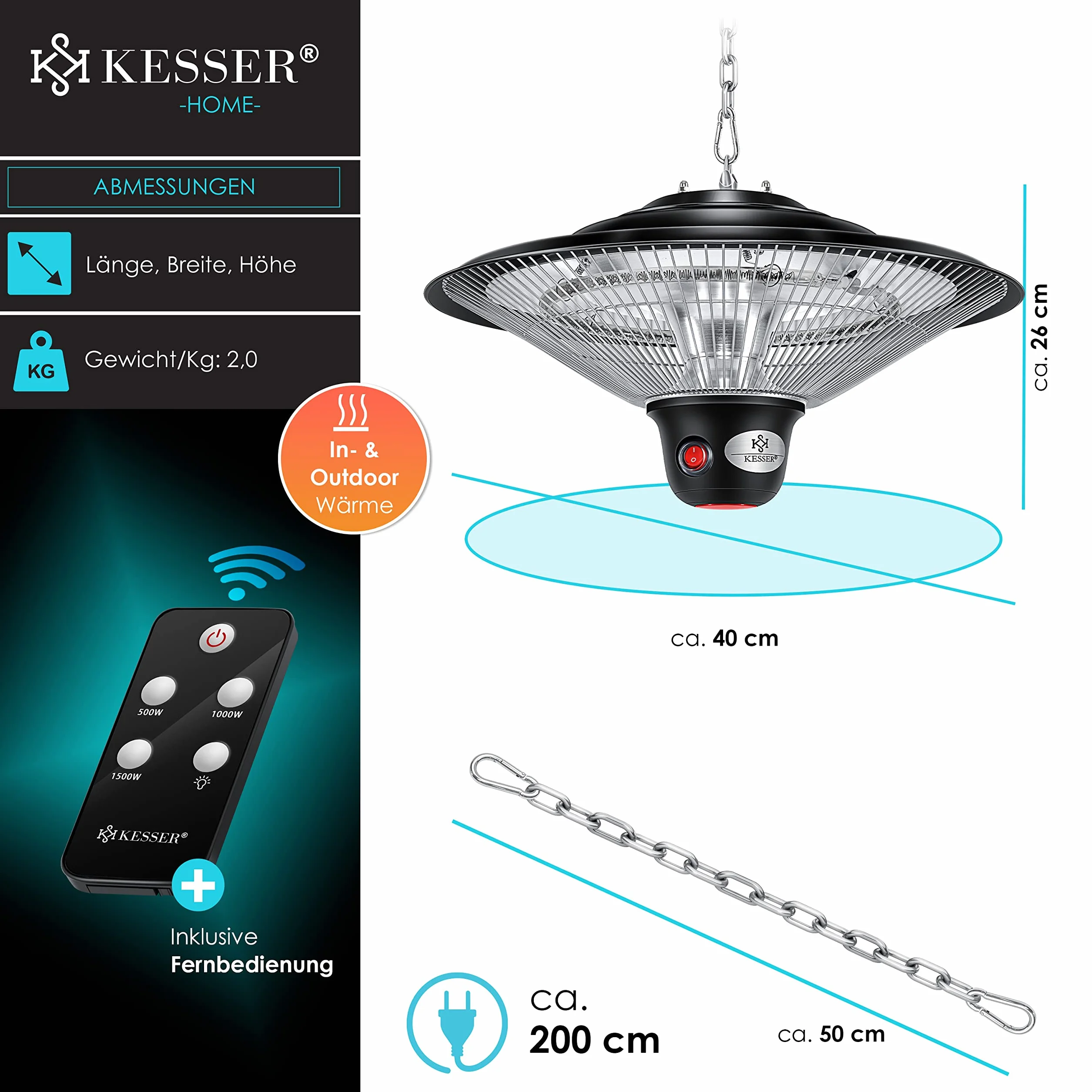 KESSER® Riscaldatore radiante a soffitto con telecomando, Riscaldatore per patio, infrarosso, riscaldatore, radiatore a infrarossi, radiatore di calore, patio, radiatore al quarzo, potenza: 1500W