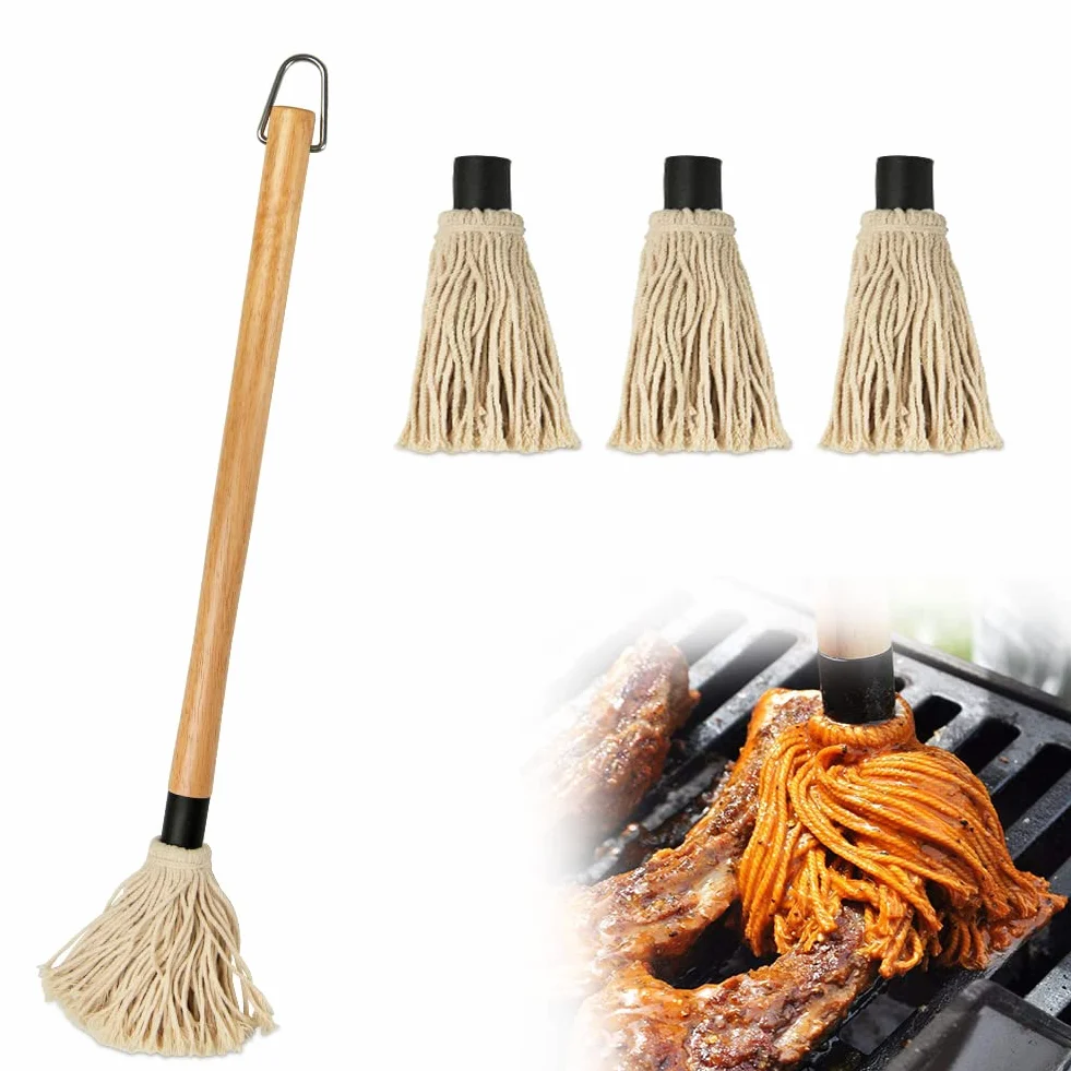Pennelli per Barbecue Legno BBQ Accessori Pennelli Cucina Testa in Cotone Lavabile con 3 Testine di Ricambio per Arrostire e Grigliare per Salse, Marinate, Barbecue