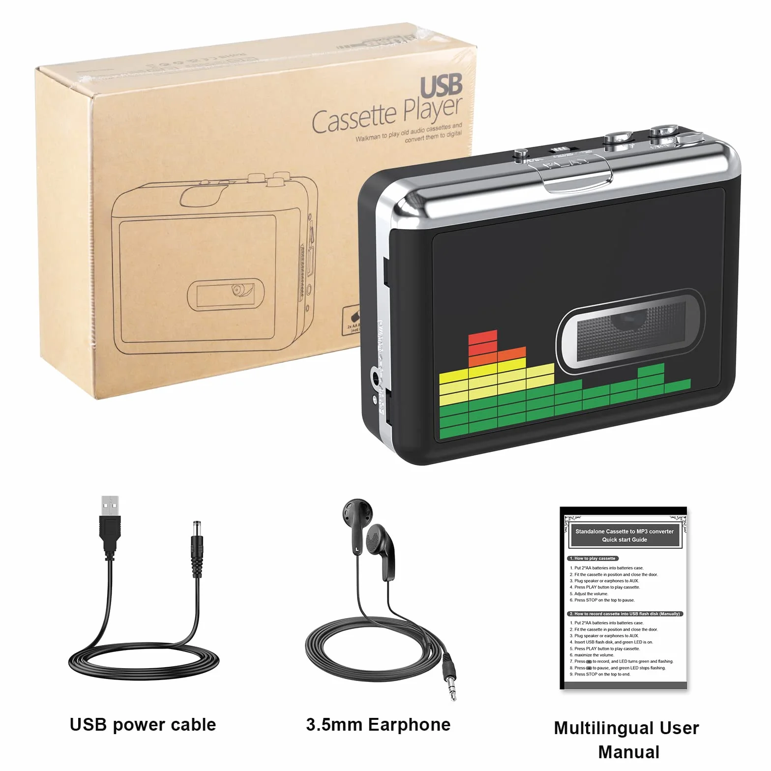 Convertitore Portatile da Lettore di Cassette a MP3 Digitalizzatore USB con Cuffie 3,5mm Riavvolgimento Automatico