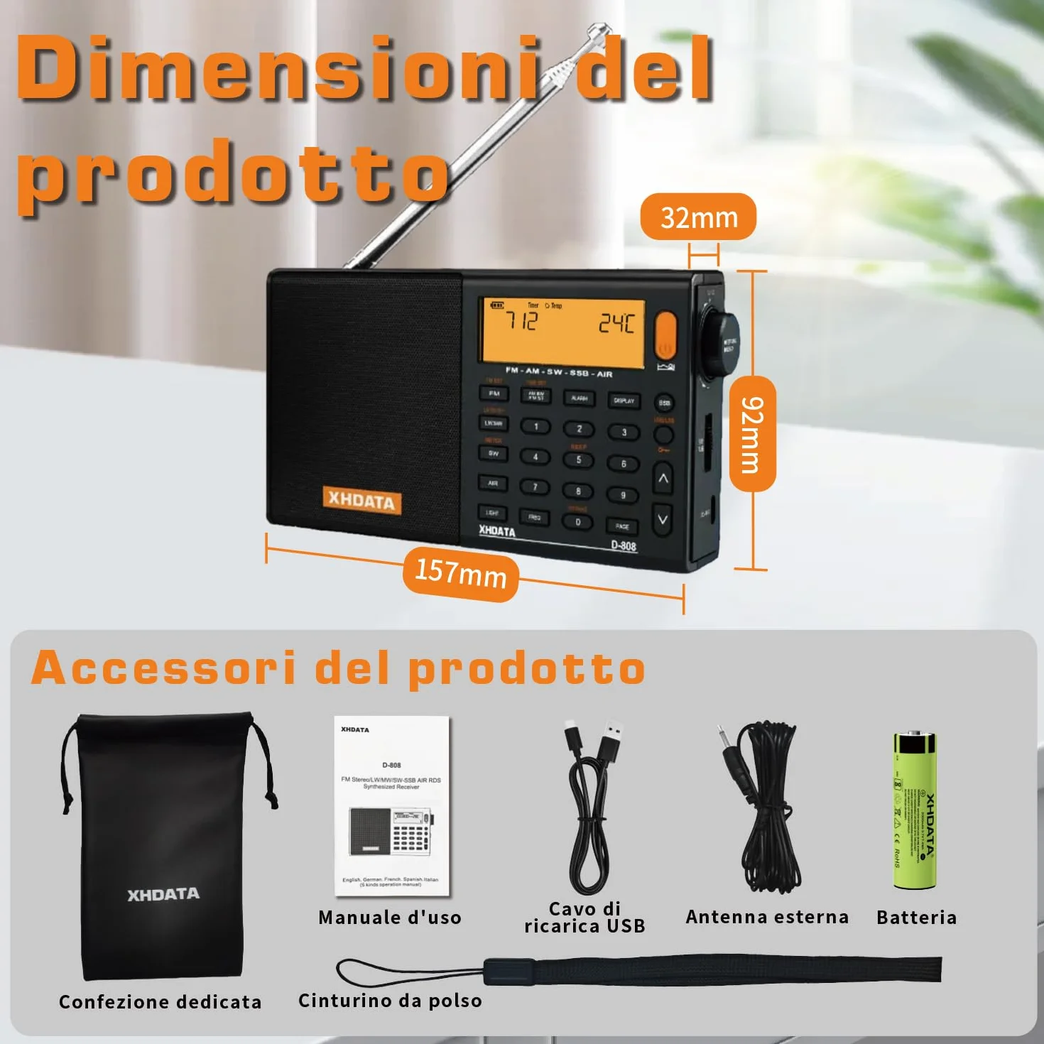 XHDATA D-808 Radio digitale portatile FM Stereo SW MW LW SSB RDS Air Band Multi Band con ATS, display LCD, nero