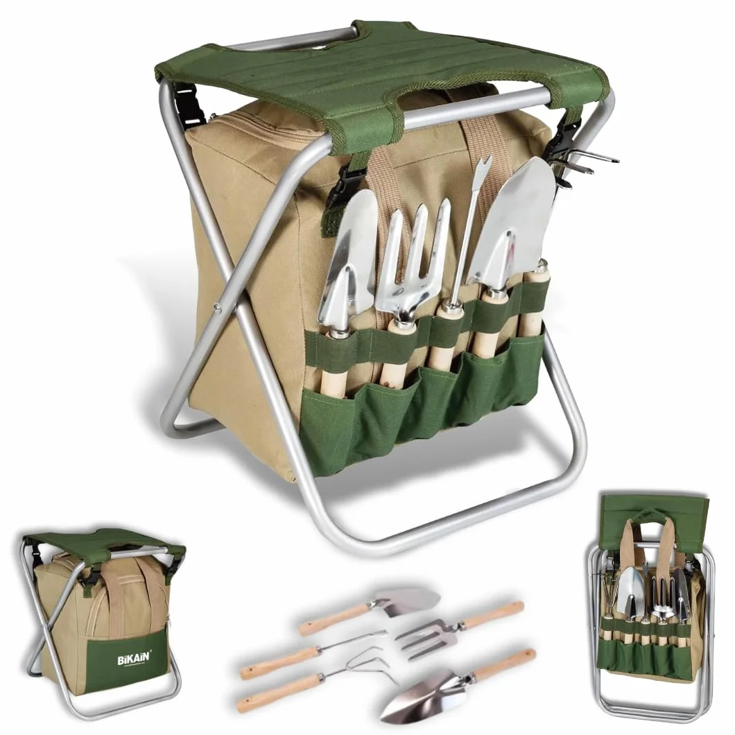 BIKAIN - Sgabello Pieghevole da Giardino - Set di Attrezzi - Borsa di Stoccaggio con Cerniera - Include 5 Attrezzi con Manico in Legno