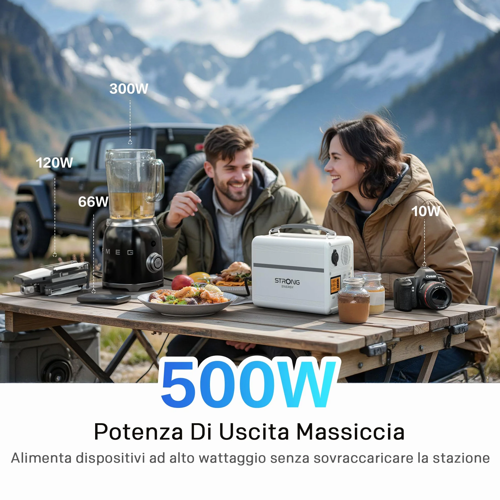 STRONG P500 Stazione Elettrica Portatile, Batteria LFP 460,8Wh, Generatore Solare 500W Peak, Ricarica Solare/DC/Auto, Tecnologia MPPT, Protezione BMS, QC3.0+PD100W per Campeggio, Viaggi ed Emergenze