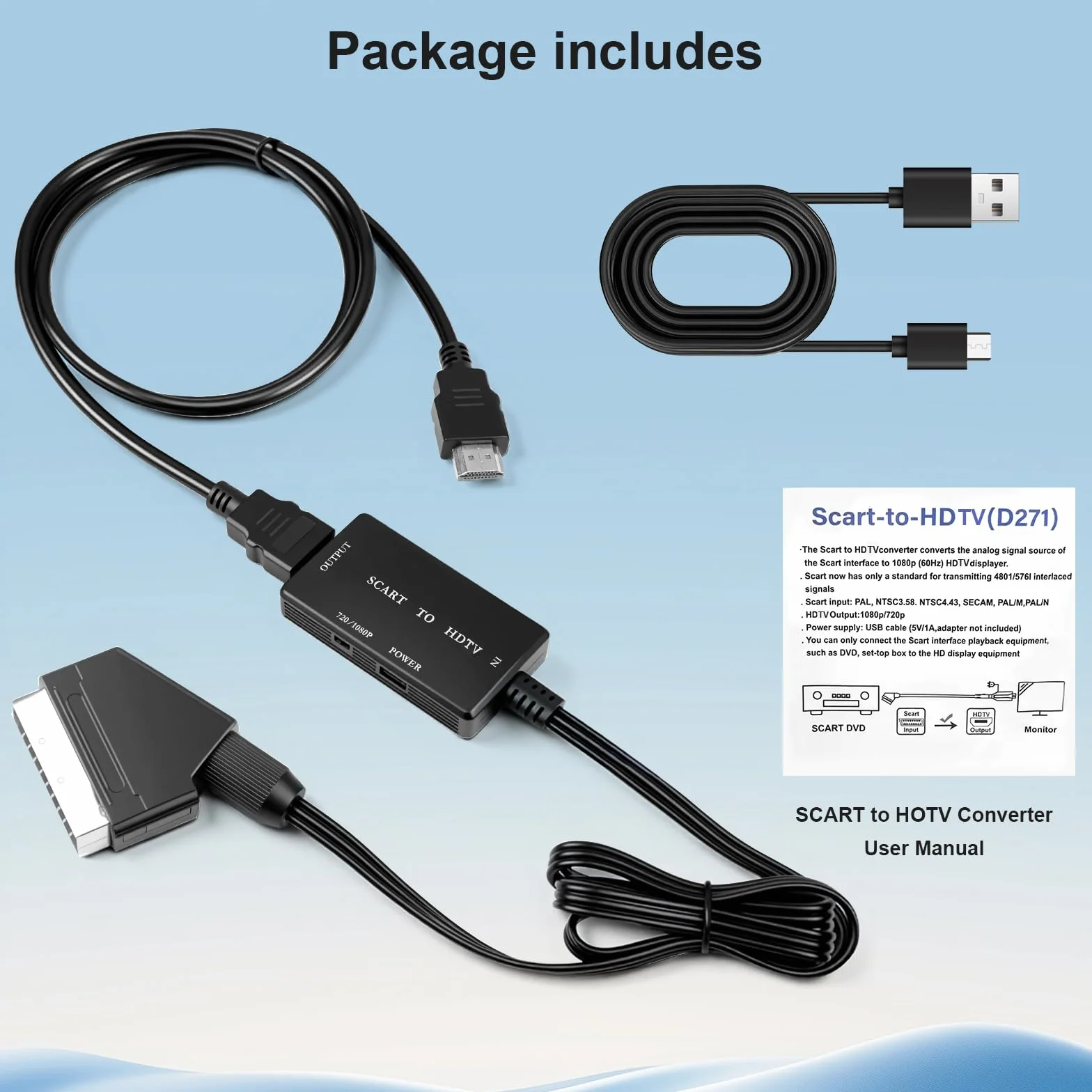 Adattatore SCART a HDMI 1080P, convertitore con cavo HDMI per TV, DVD, VHS, Xbox, PS2, PS3, nero