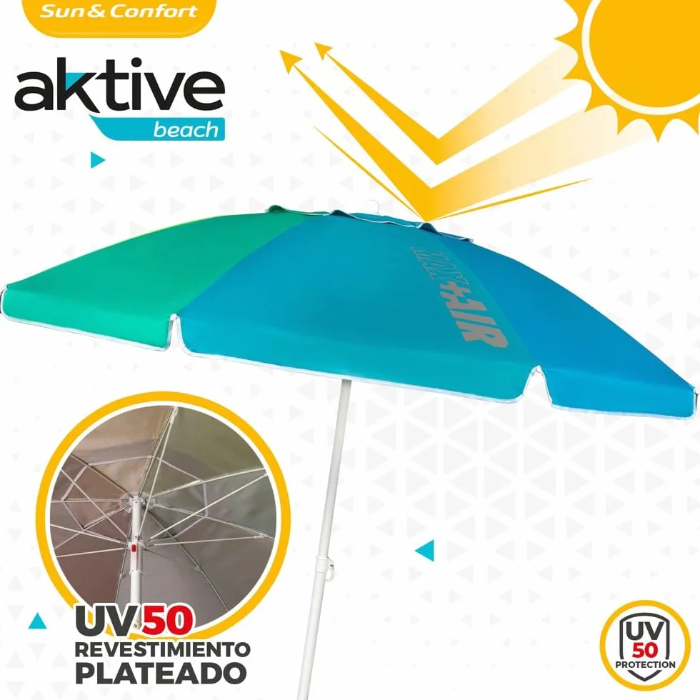 AKTIVE Grande ombrellone da spiaggia Ø200 cm antivento UV 50 palo 28-32 mm flessibile borsa