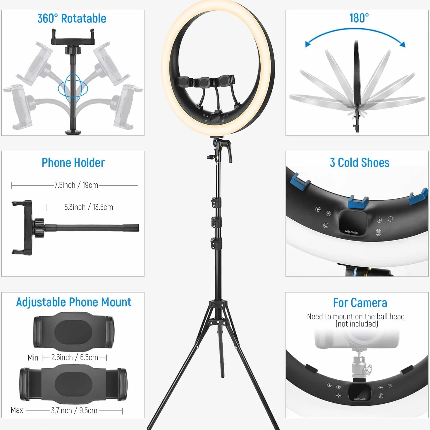 Neewer 19" Ring Light Luce ad Anello con Stand 3200K-5600K per Selfie Streaming Zoom RP19H
