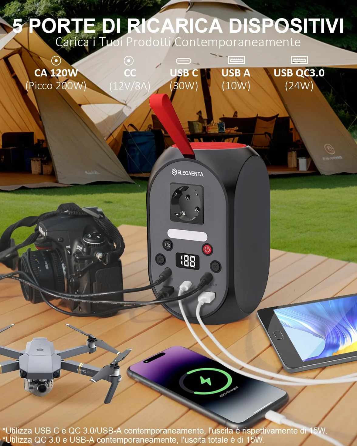Centrale Elettrica Portatile 99Wh, Generatore Solar Portatile LiFePO4 Batteria CA 120W(Picco 200W) Batteria di Backup con Torcia a LED per Campeggio, Viaggi, Camper, Casa, Emergenza