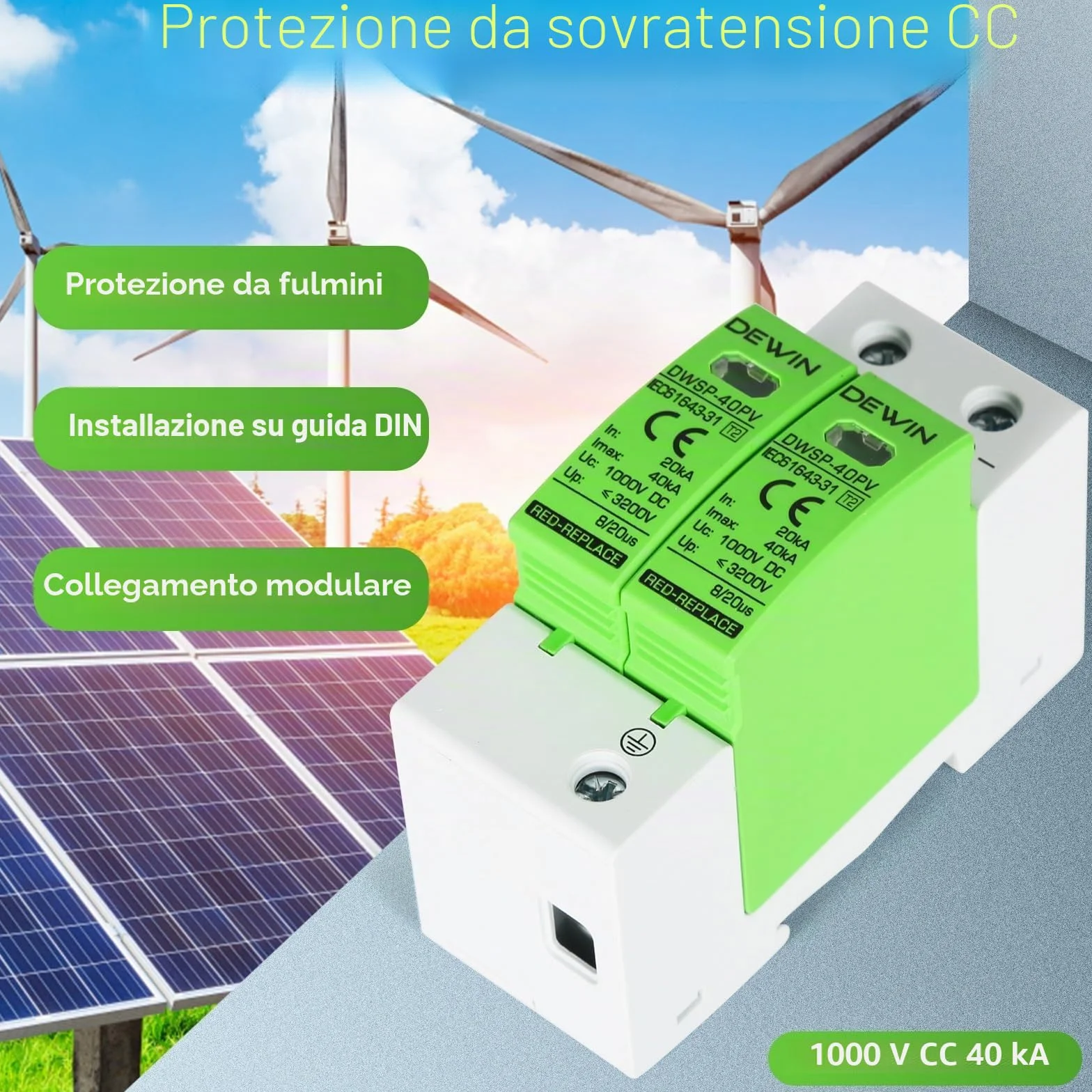 DEWIN Scaricatore di Sovratensione 2P 40KA DC 1000V Fotovoltaico Protezione Fulmini
