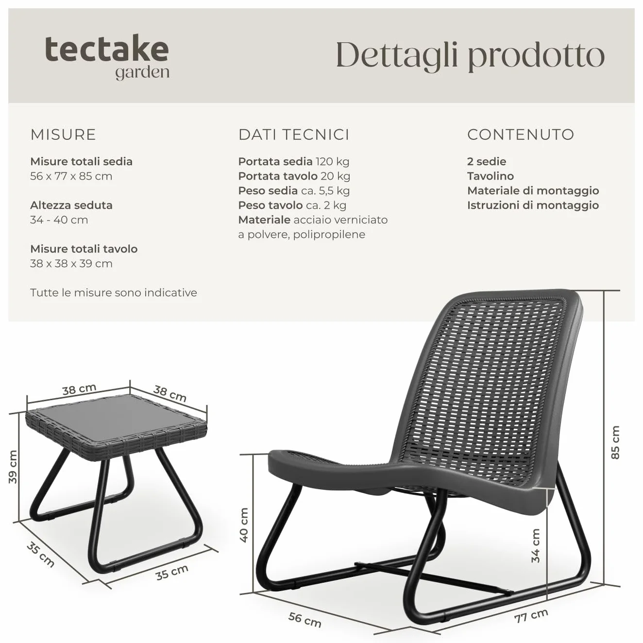 tectake® Salotto da Giardino in Rattan, Salotto da Giardino Esterno con Telaio in Acciaio, 1 Tavolino Salotto, 2 Sedie da Giardino con Schienali Ergonomici e Regolabili in Altezza - Grigio
