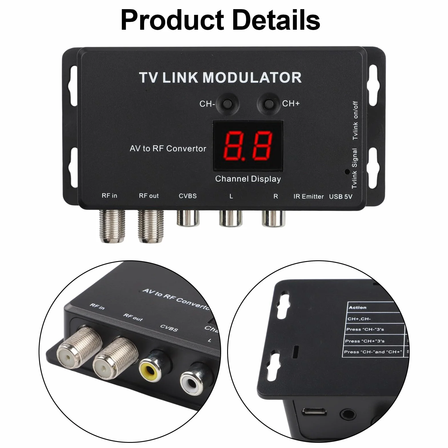 TM70 UHF TV Link Modulatore AV a RF Converter con display canale, uscita regolabile PAL/NTSC nero