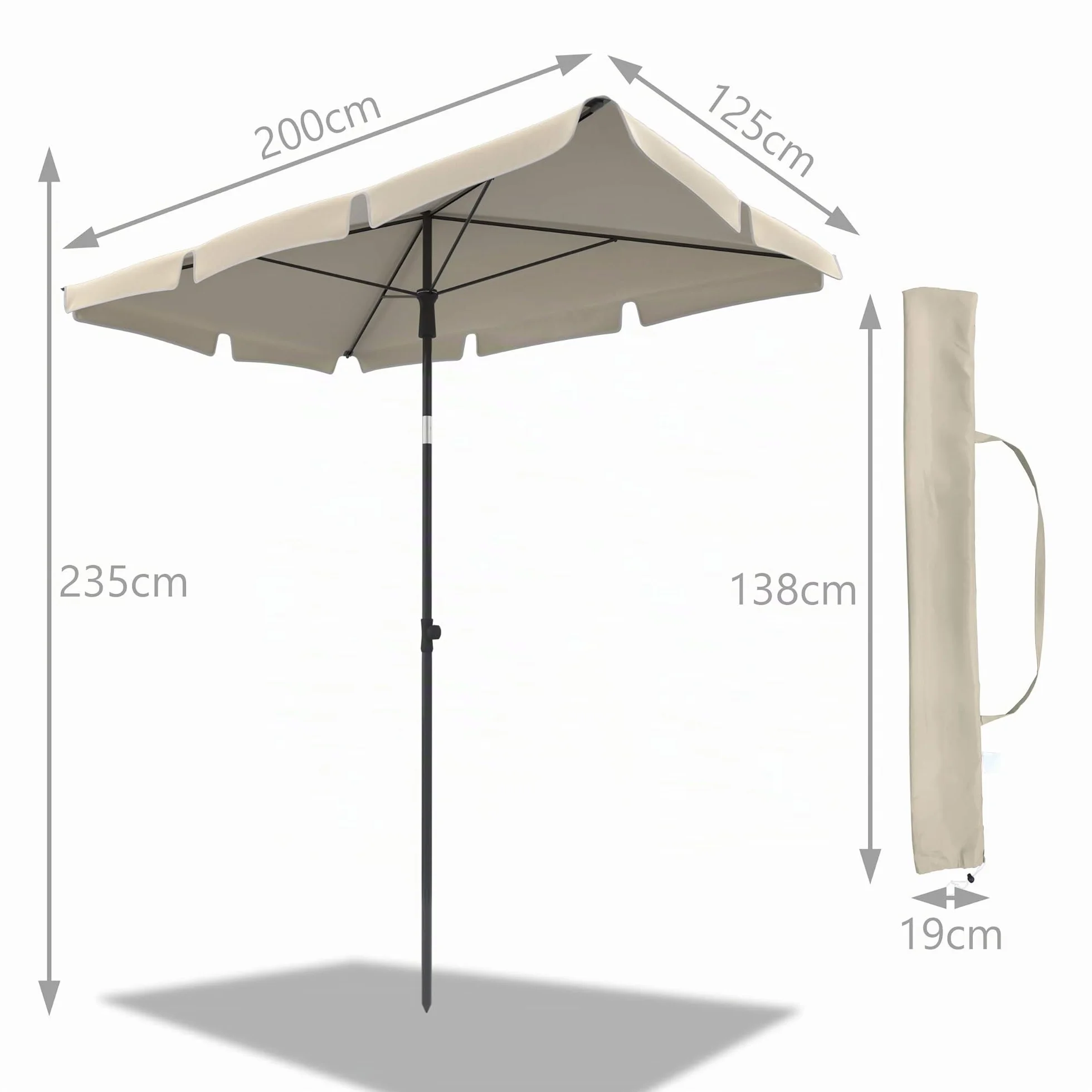 VOUNOT® Ombrellone da Giardino Rettangolare, Parasole da Balcone, 200 x 125 cm, Beige