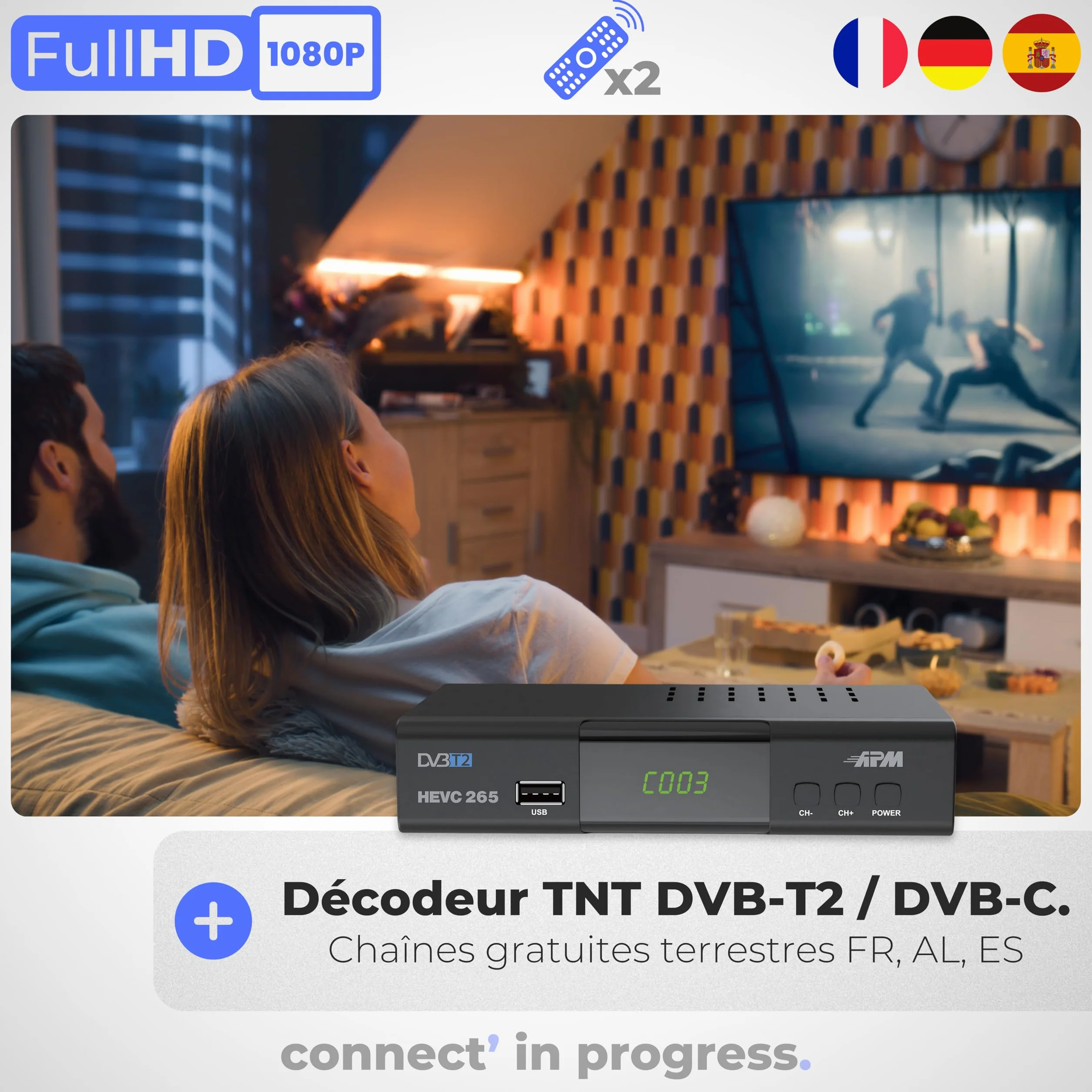 APM Decoder TNT Full HD 1080p H.265 HEVC DVB-T2 DVB-C HDMI SCART USB Coax