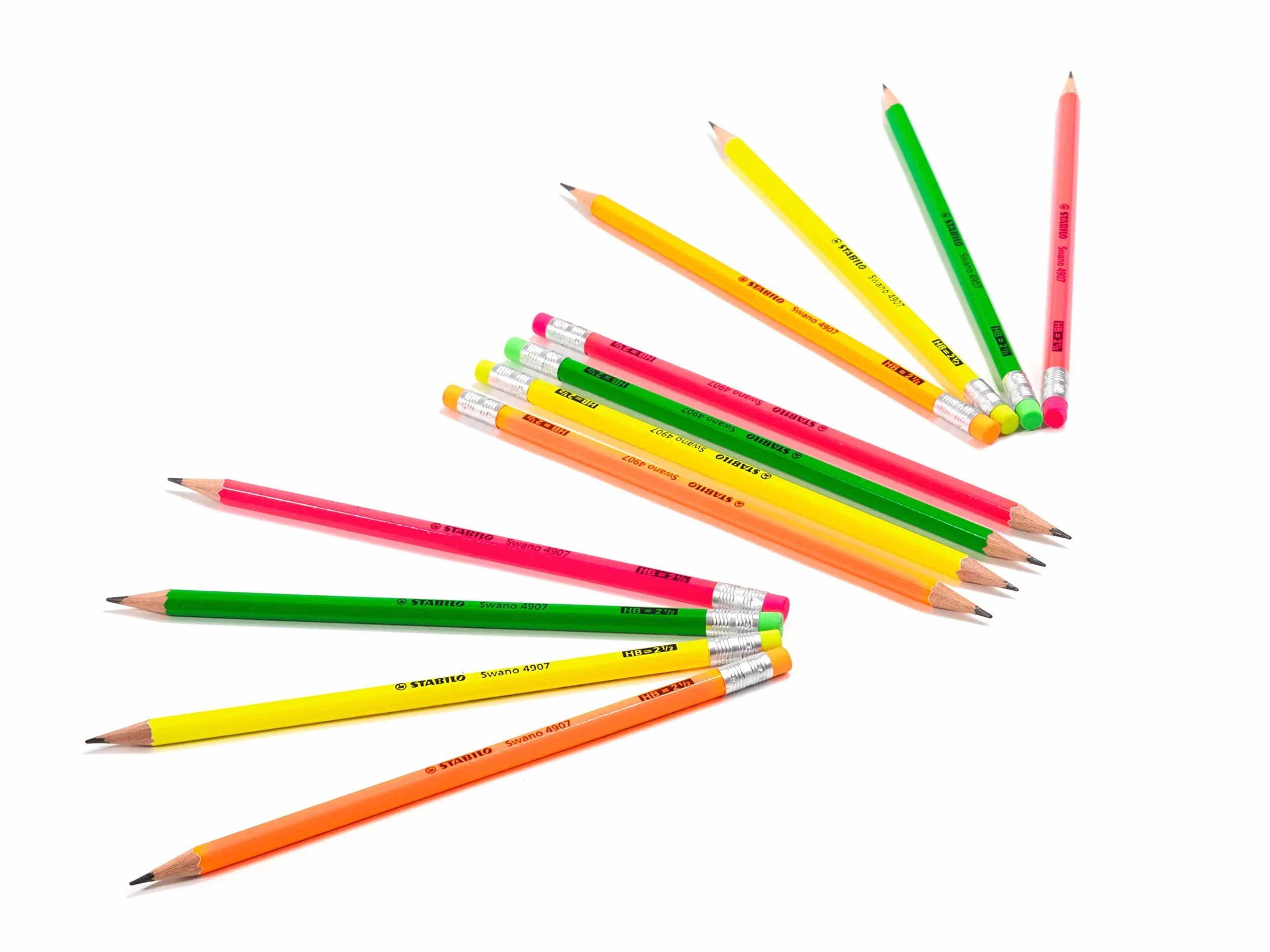 STABILO Swano Fluo Matita in Grafite HB Eco Pack da 12 Gommino Giallo Verde Arancione Rosa