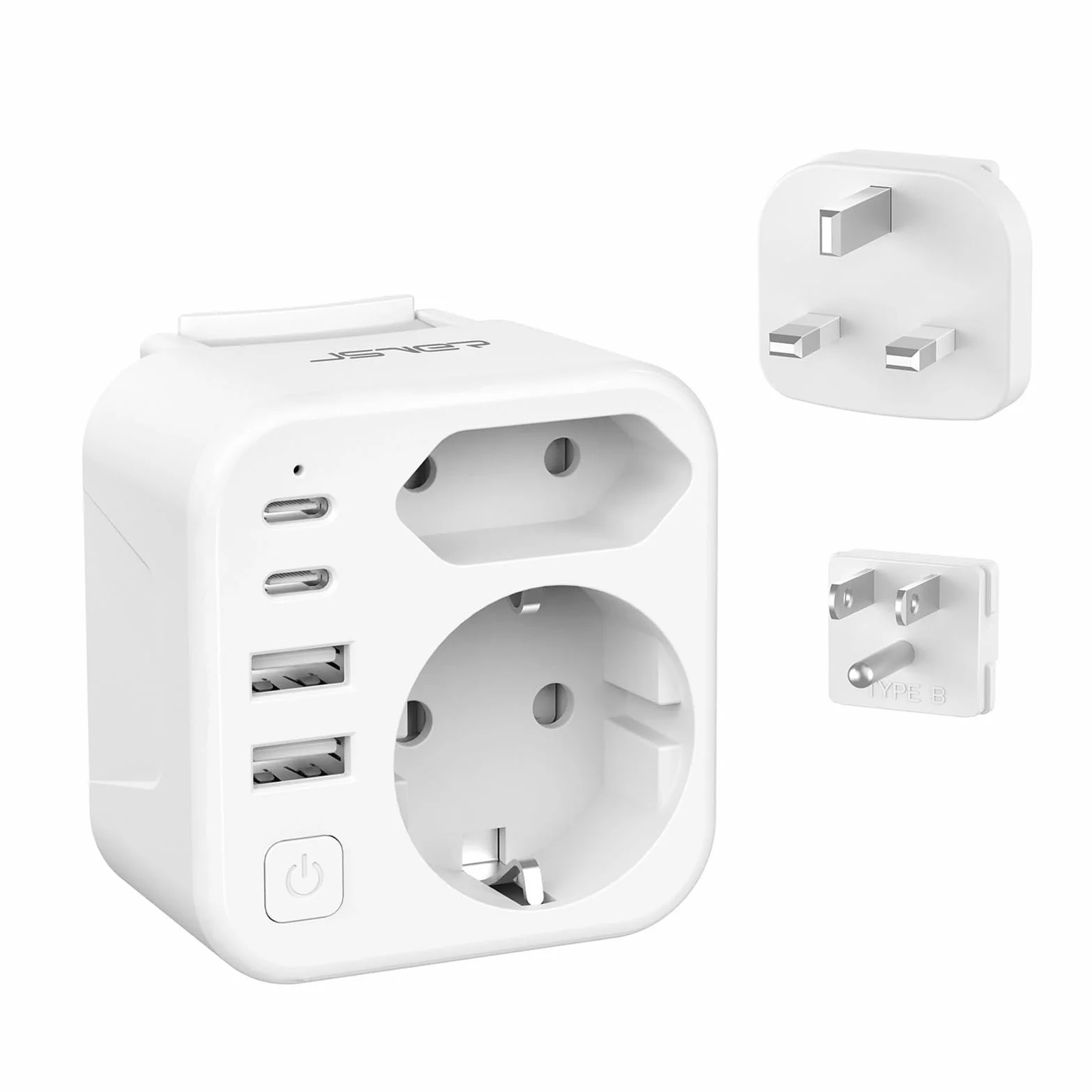 Adattatore di viaggio JSVER tipo B/G con 2 porte USB-A e 2 porte USB-C per oltre 150 paesi Bianco