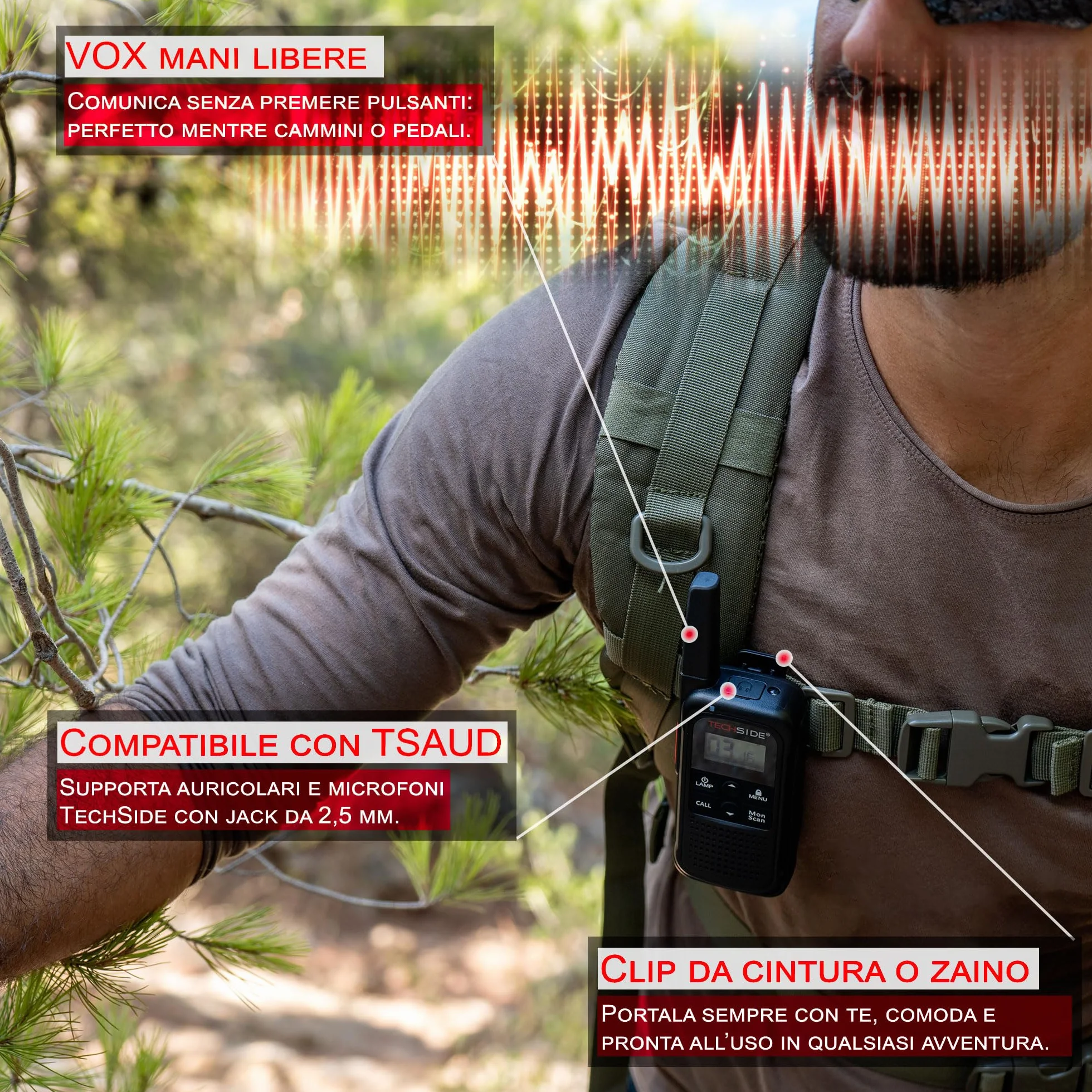 TechSide TS-T3 Go Ricetrasmittente PMR446 16 Canali 10 km USB-C Torcia LED 2 Pezzi
