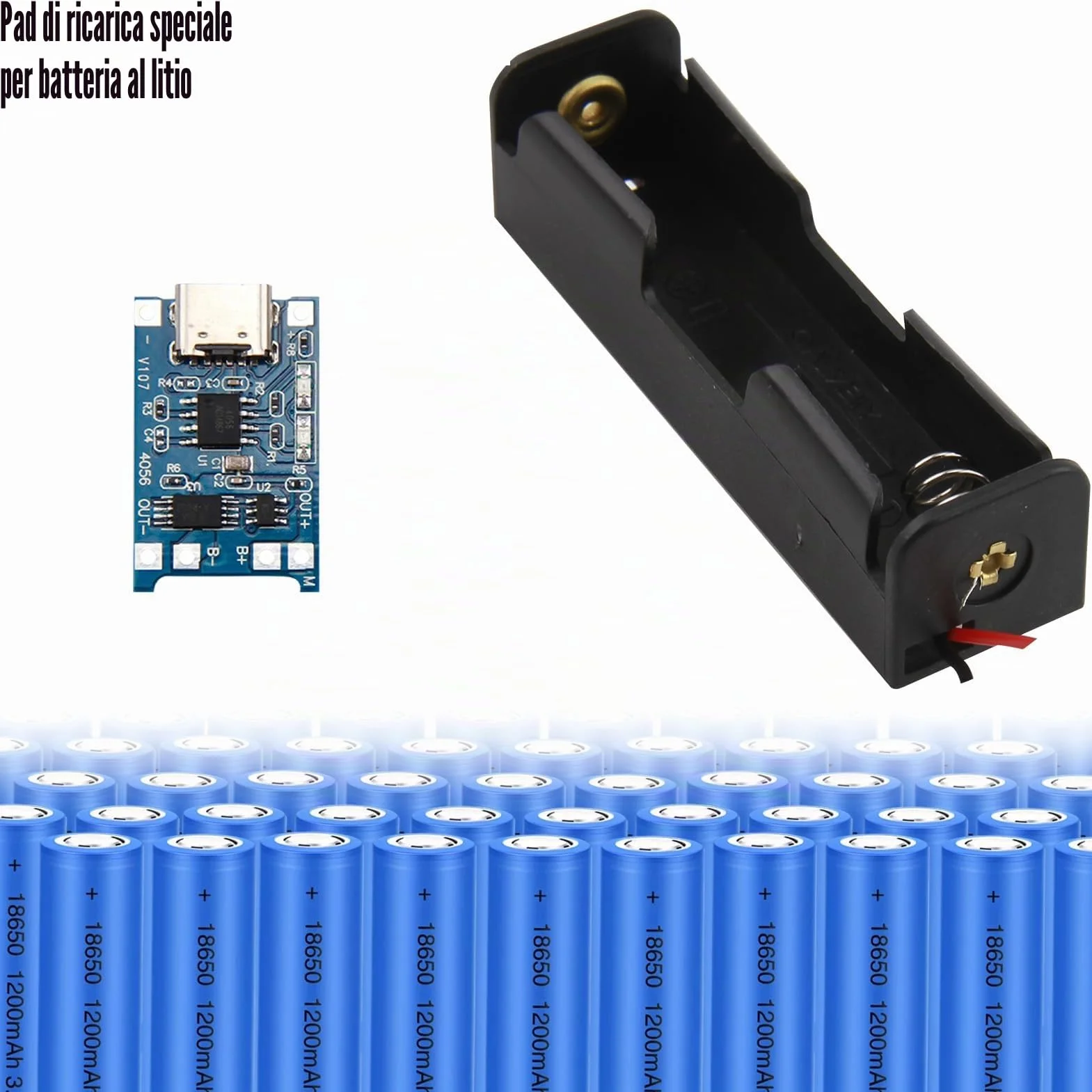 Porta Batterie 3.7V 18650 Custodia Plastica con Slot Singolo + 10 Moduli Caricabatterie USB Tipo-C 5V 1A, Custodie e Cavi Inclusi