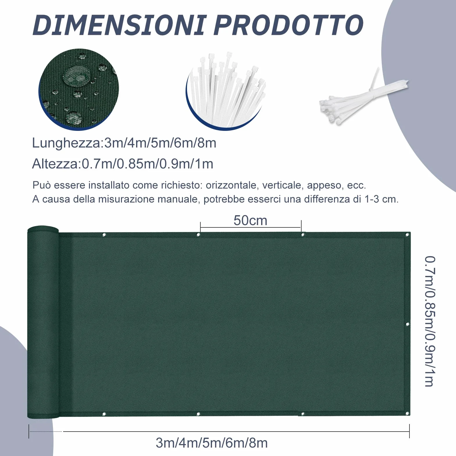 HENG FENG Frangivisto Balcone 0.9x8m, PES Impermeabile Copri ringhiera Balcone, UV-Resistente, Protezione della Privacy, con Cinghie, Verde