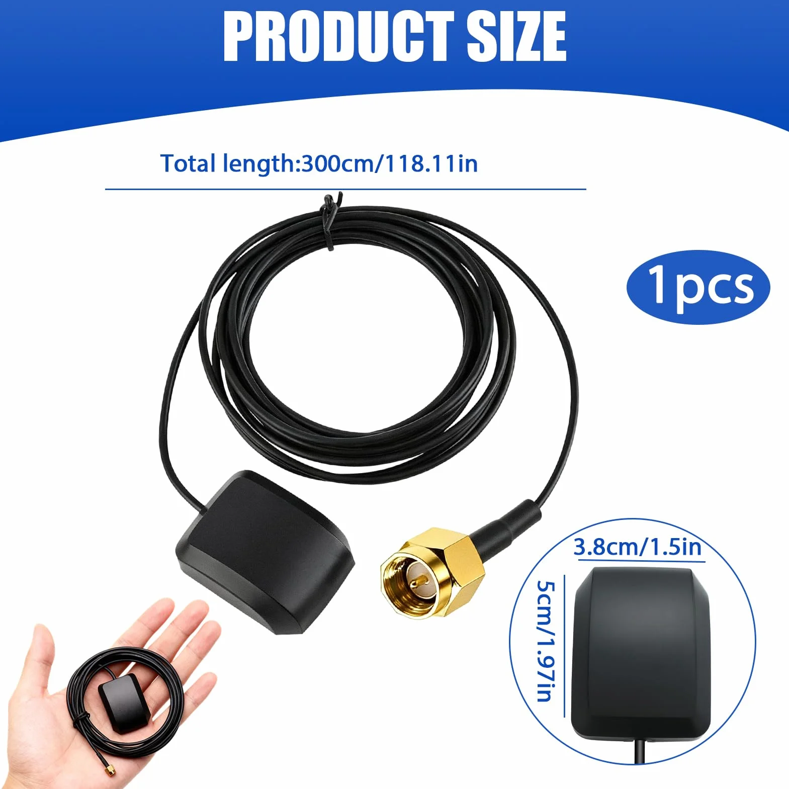 Antenna GPS attiva impermeabile con amplificatore, base magnetica, cavo 3 m