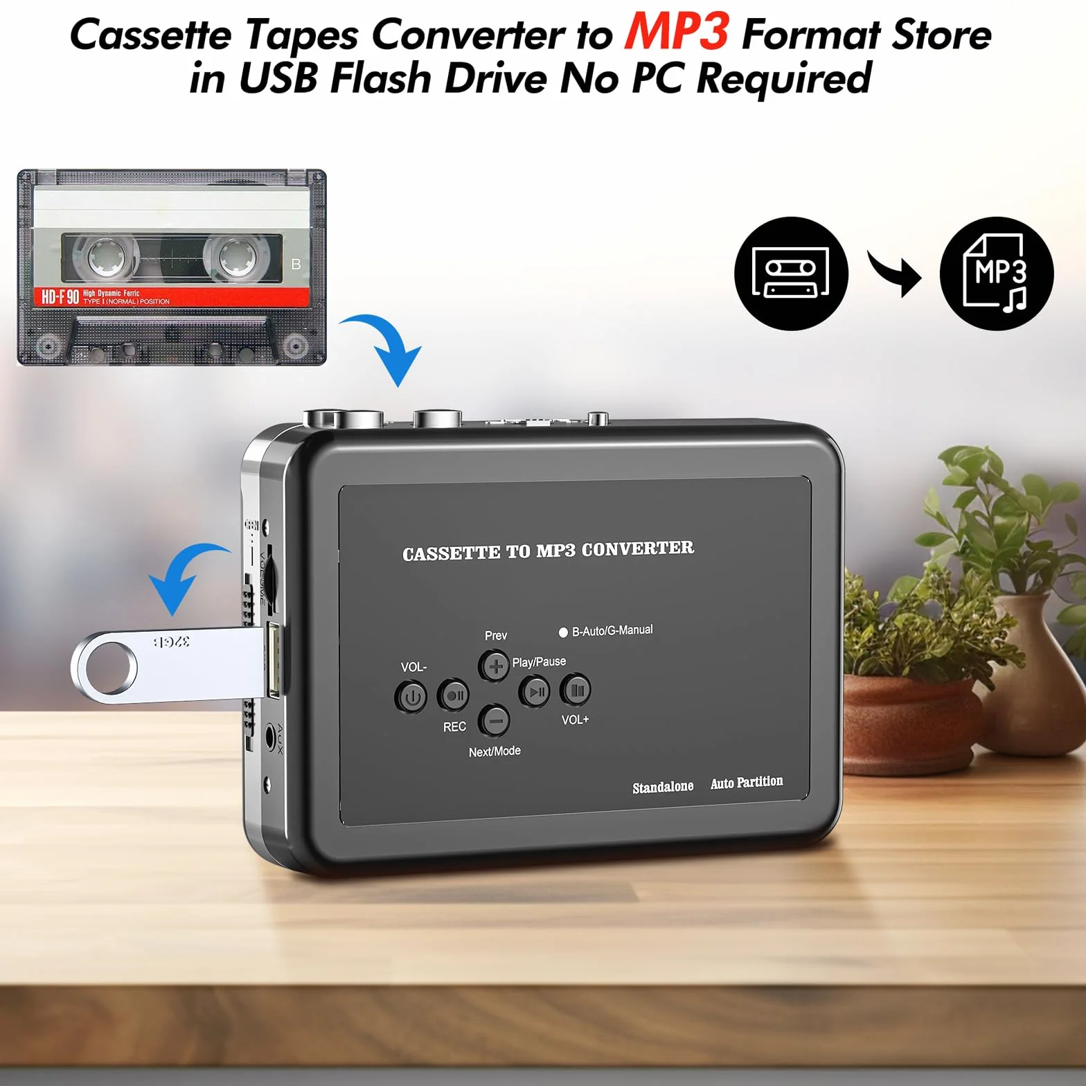 Lettore di Cassette Portatile Convertitore da Cassetta a MP3 USB Digitale con Auricolari