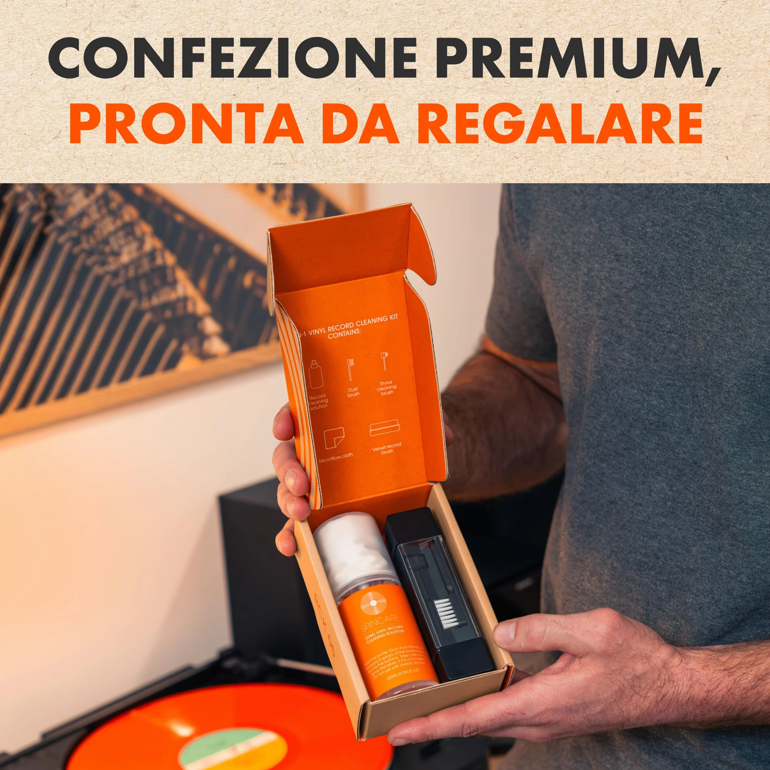 SPINCARE Kit Pulizia Vinili 5 in 1 con Spazzola in Velluto, Spray Antistatico 120 ml e Panno in Microfibra