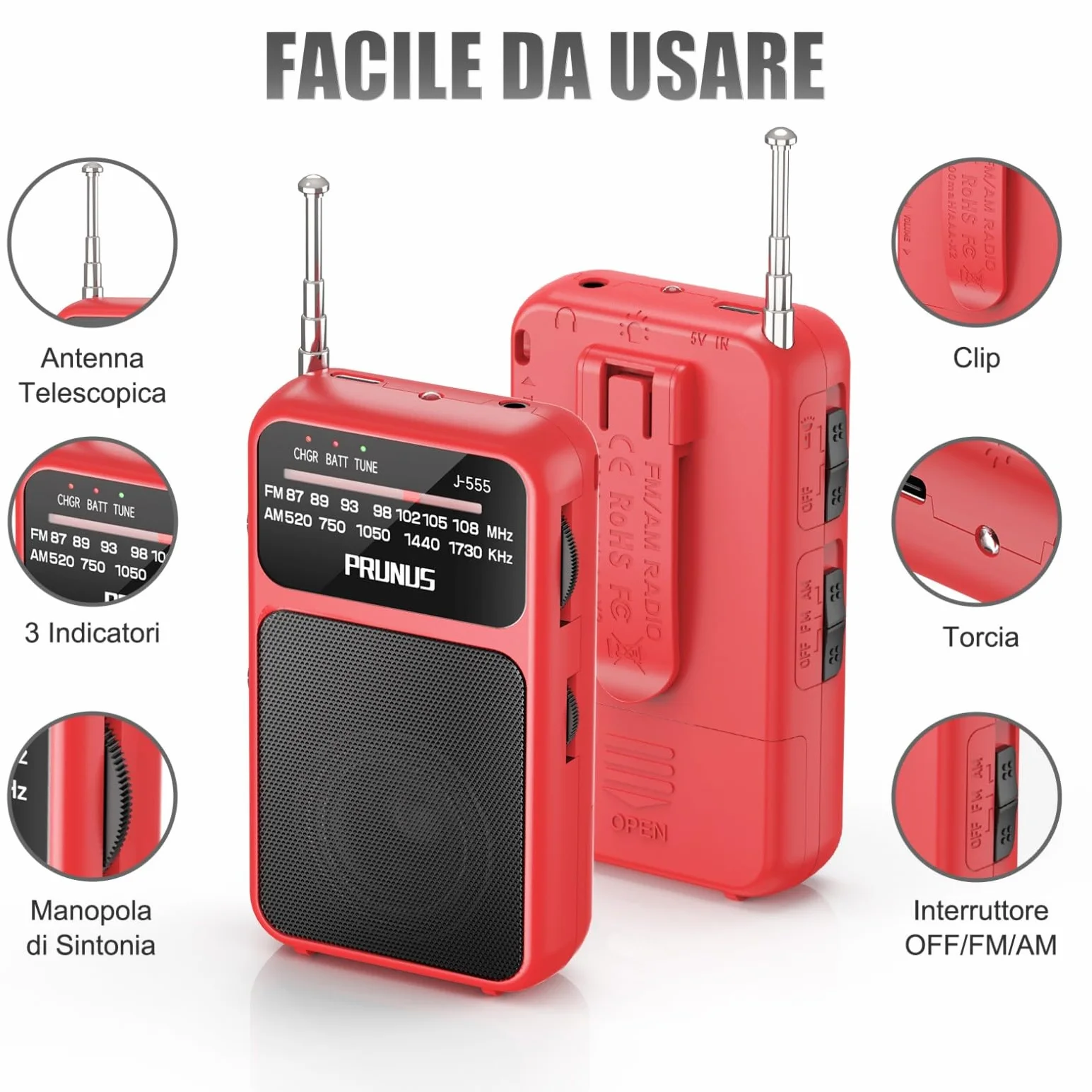 PRUNUS J-555 Radio Portatile Ricaricabile FM/AM con Batterie AAA, Jack, Clip Posteriore Rosso