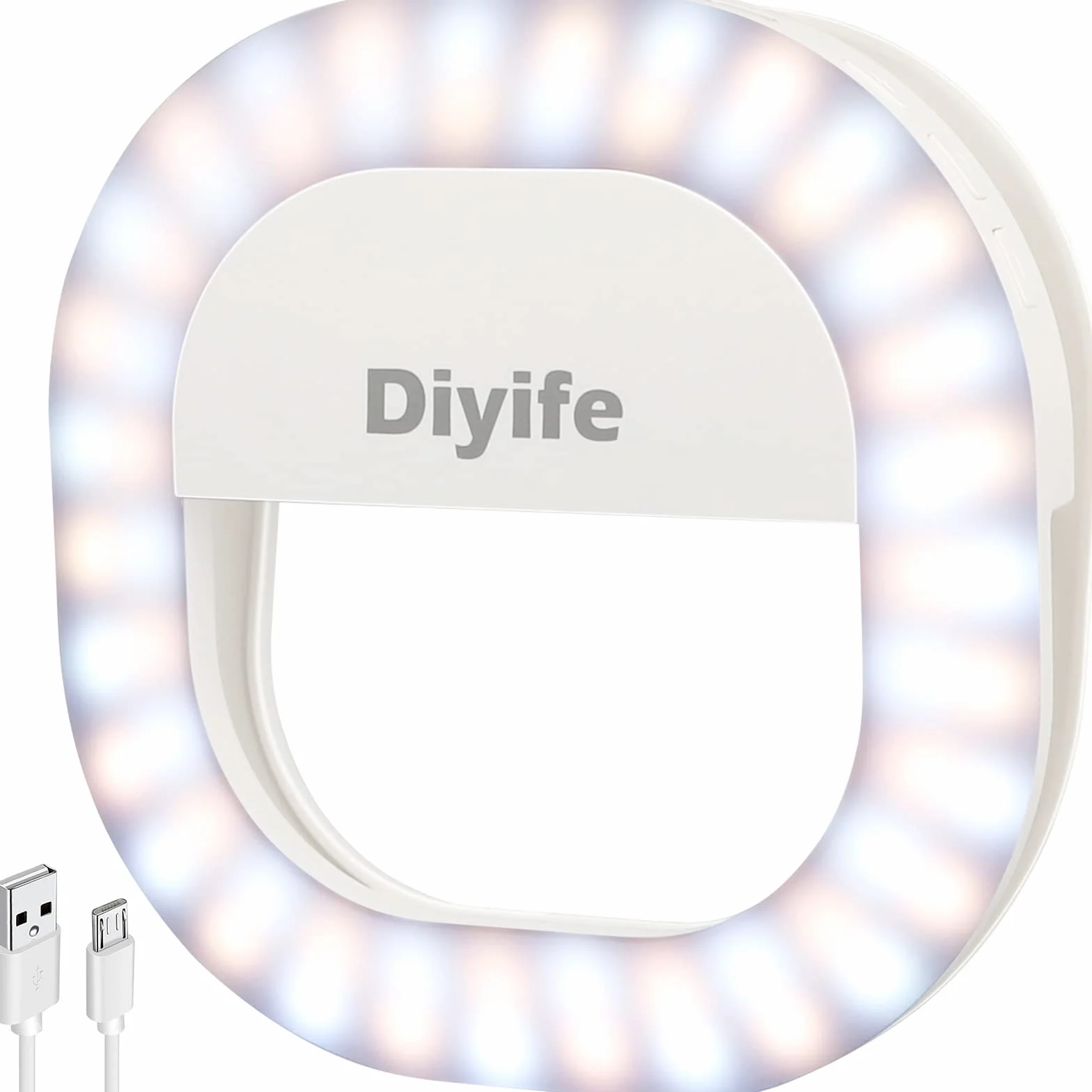 Diyife Selfie Ring Light 60 LED Ricaricabile 5 Livelli di Luminosità con Cavo USB per YouTube TikTok Smartphone