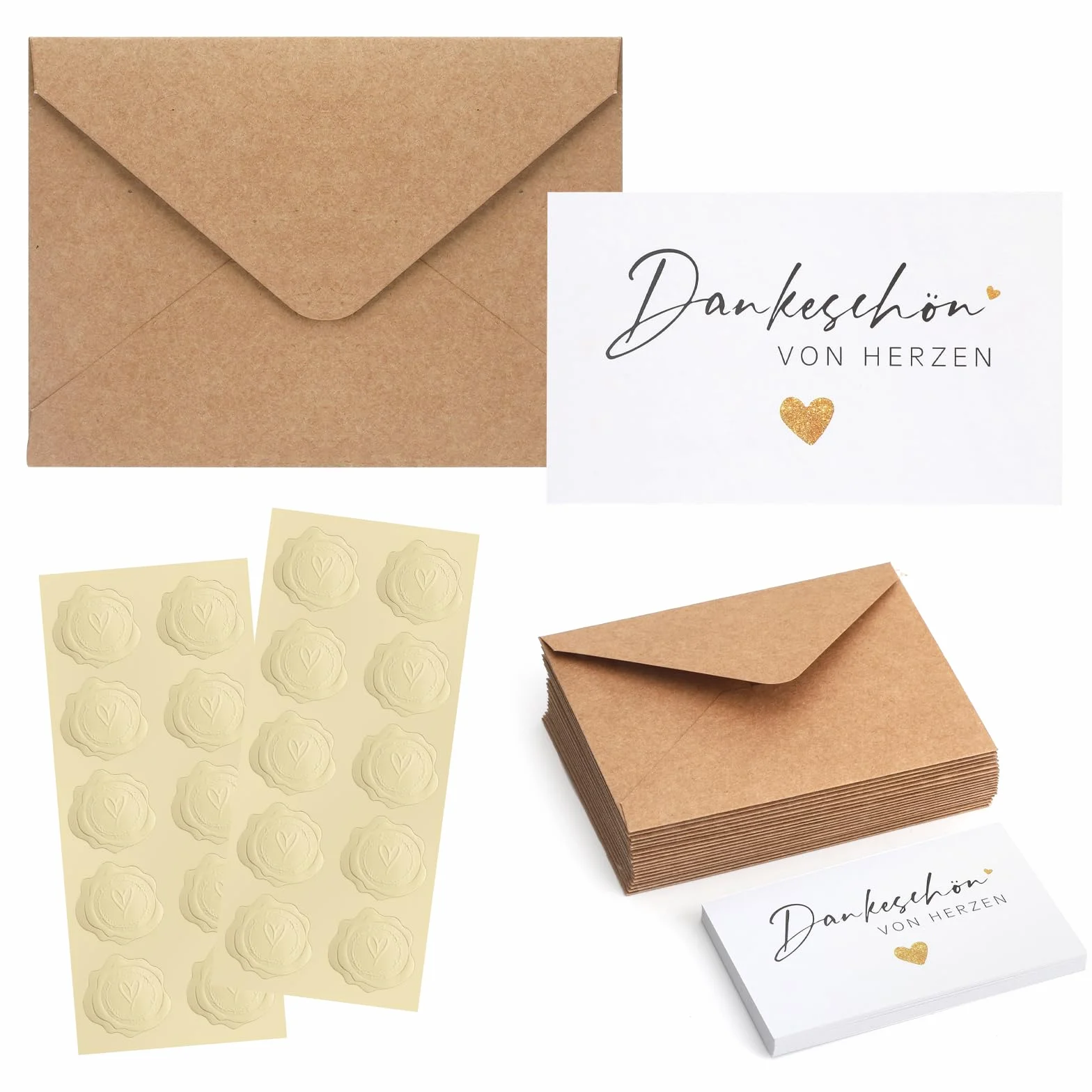 VOSSOT 20 biglietti di ringraziamento 9x5,4 cm con buste in carta kraft e sigillo dorato