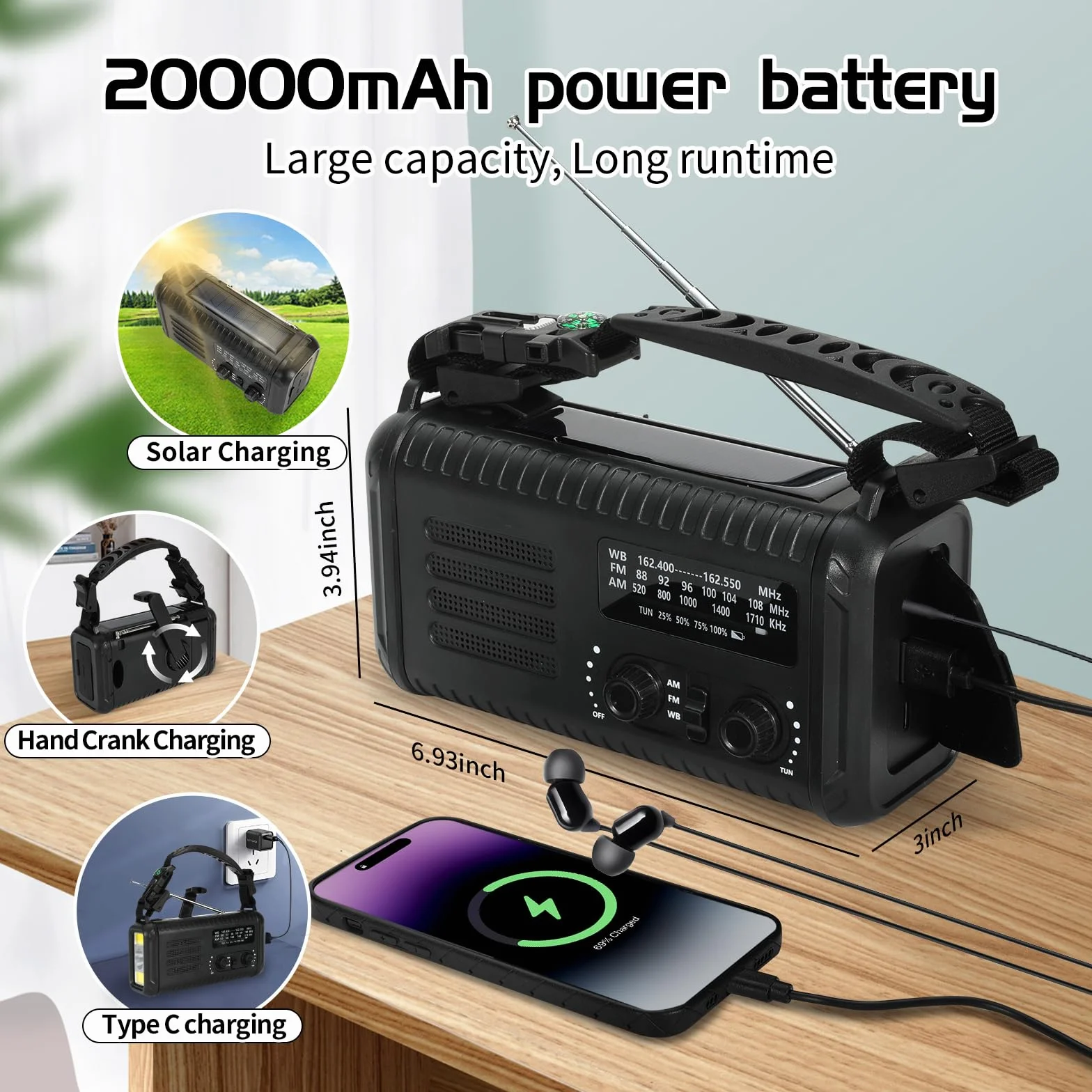Radio meteorologica di emergenza 20000 mAh AM/FM/NOAA a manovella con torcia e lampada da lettura