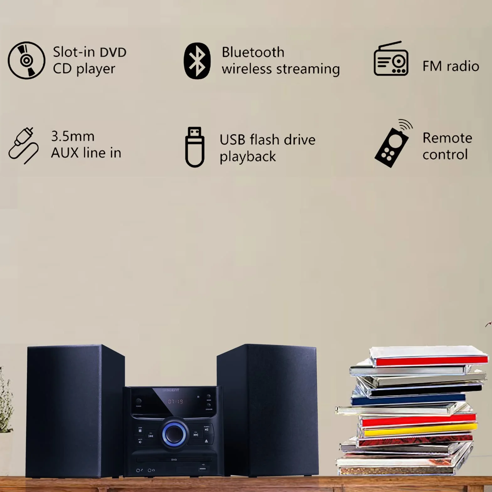 WISCENT Bluetooth Micro HiFi System, Lettore CD DVD Radio FM USB MP3 AUX Mic 30W
