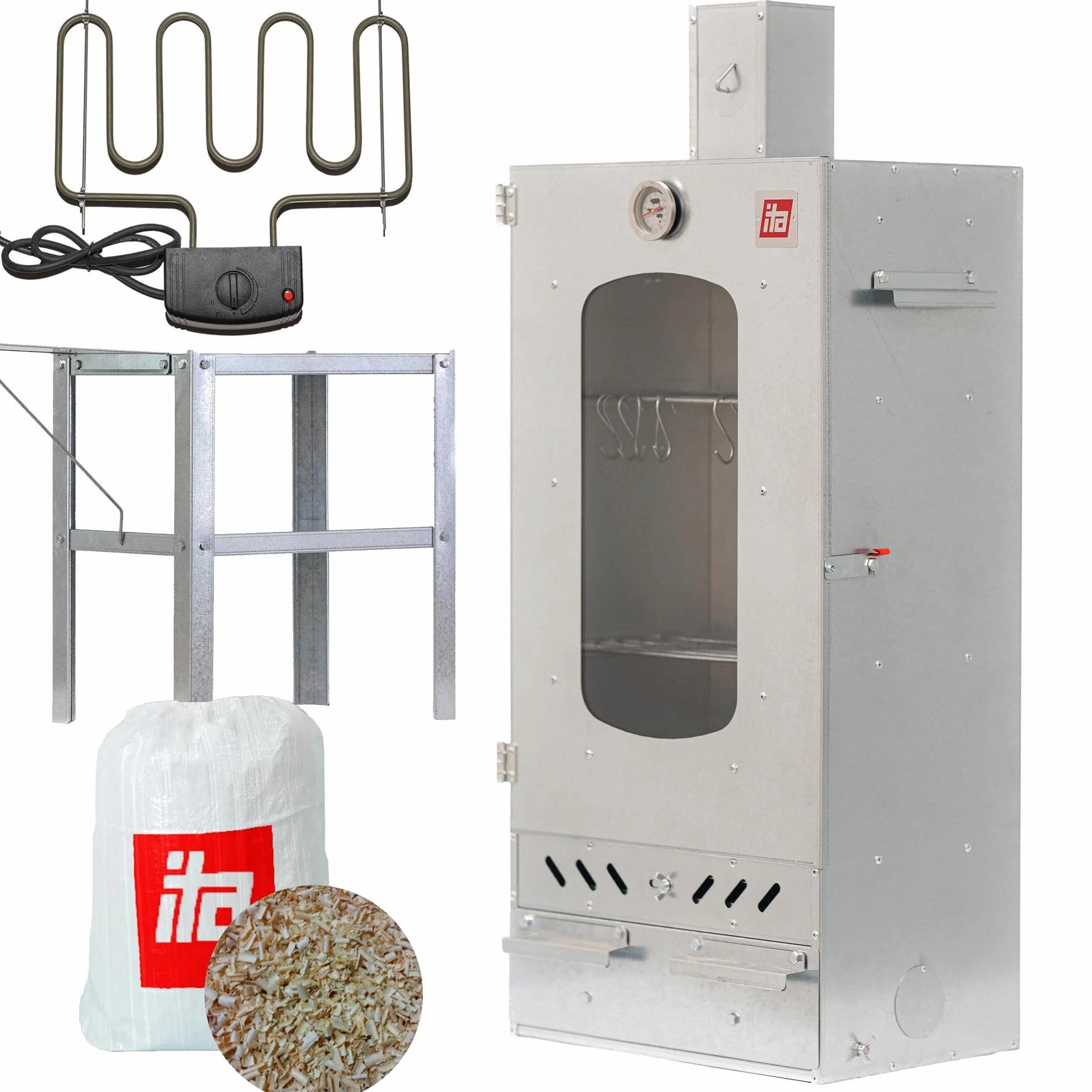 ITA Affumicatore Elettrico 7012 - Set Smoker con Riscaldamento, Tavolo - Armadio con Finestra e Camino - Acciaio Legato - Qualità UE, Diretto dal Produttore - 81 cm con 3 Ripiani
