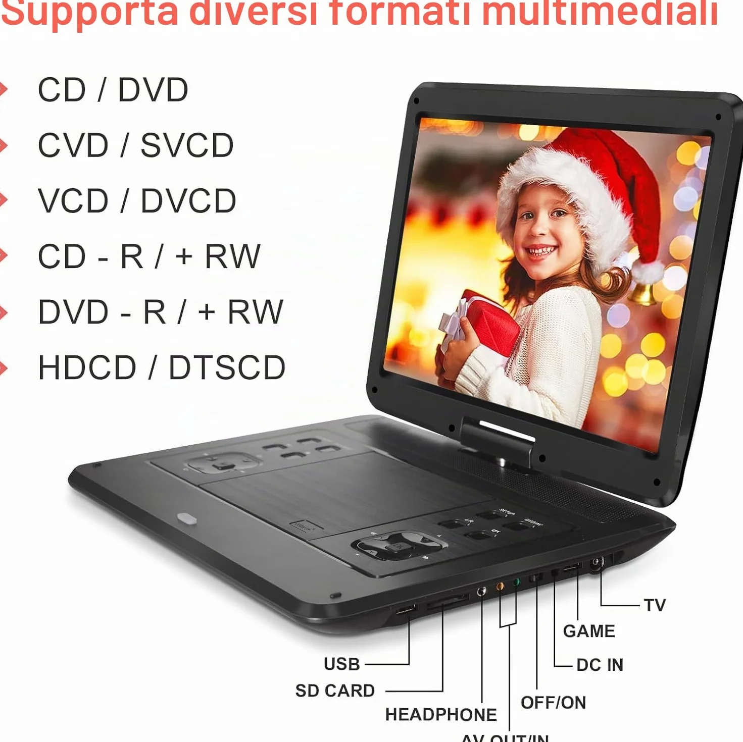 Lettore DVD portatile 17,9 pollici schermo girevole 14,1" batteria 6 ore supporto poggiatesta auto nero