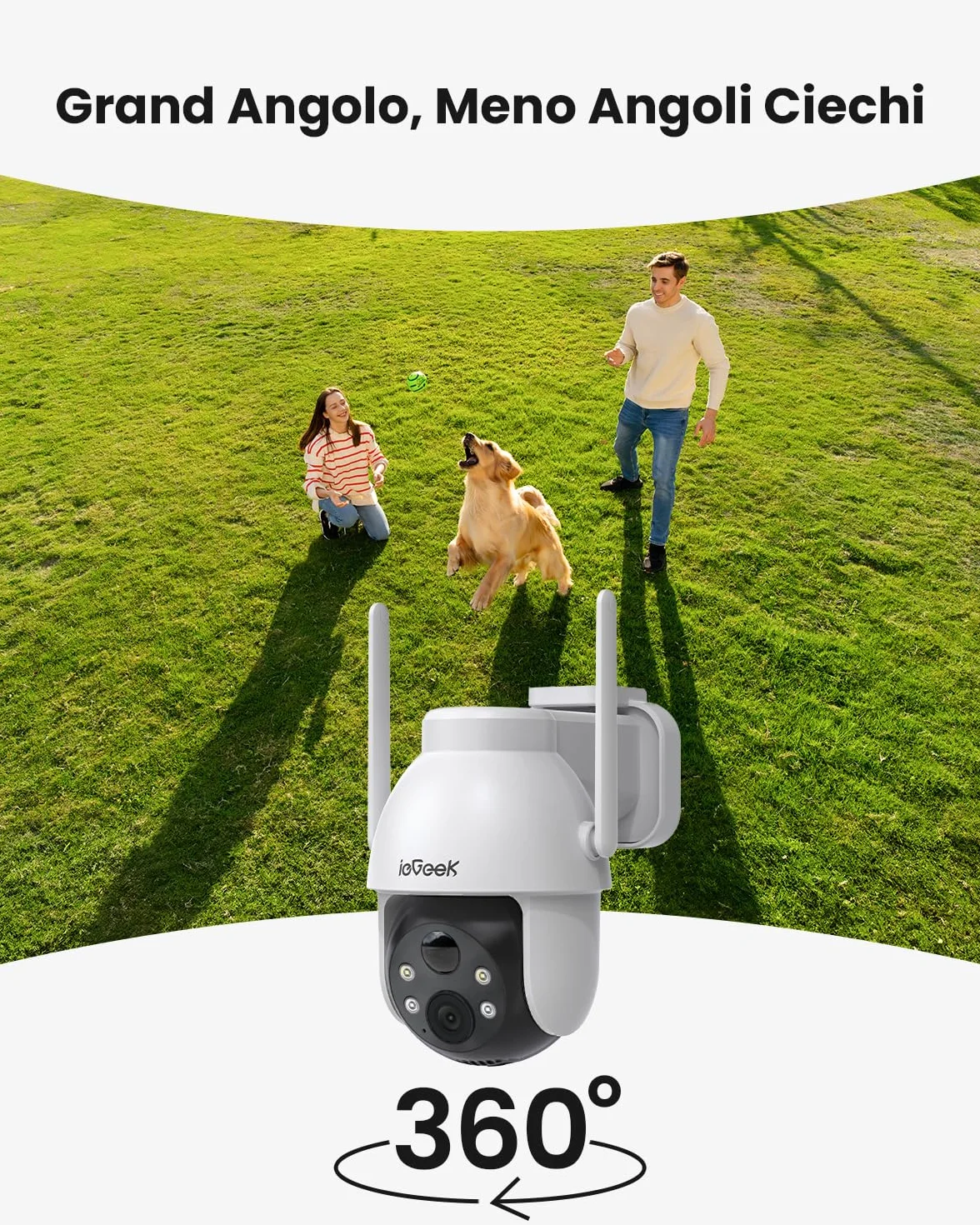 ieGeek 2K Telecamera Wi-Fi Esterno Senza Fili a Batteria 360° PTZ Videocamera Sorveglianza con Pannello Solare, Rilevazione Movimento PIR, Visione Notturna Colori, 2 Vie Audio IP65