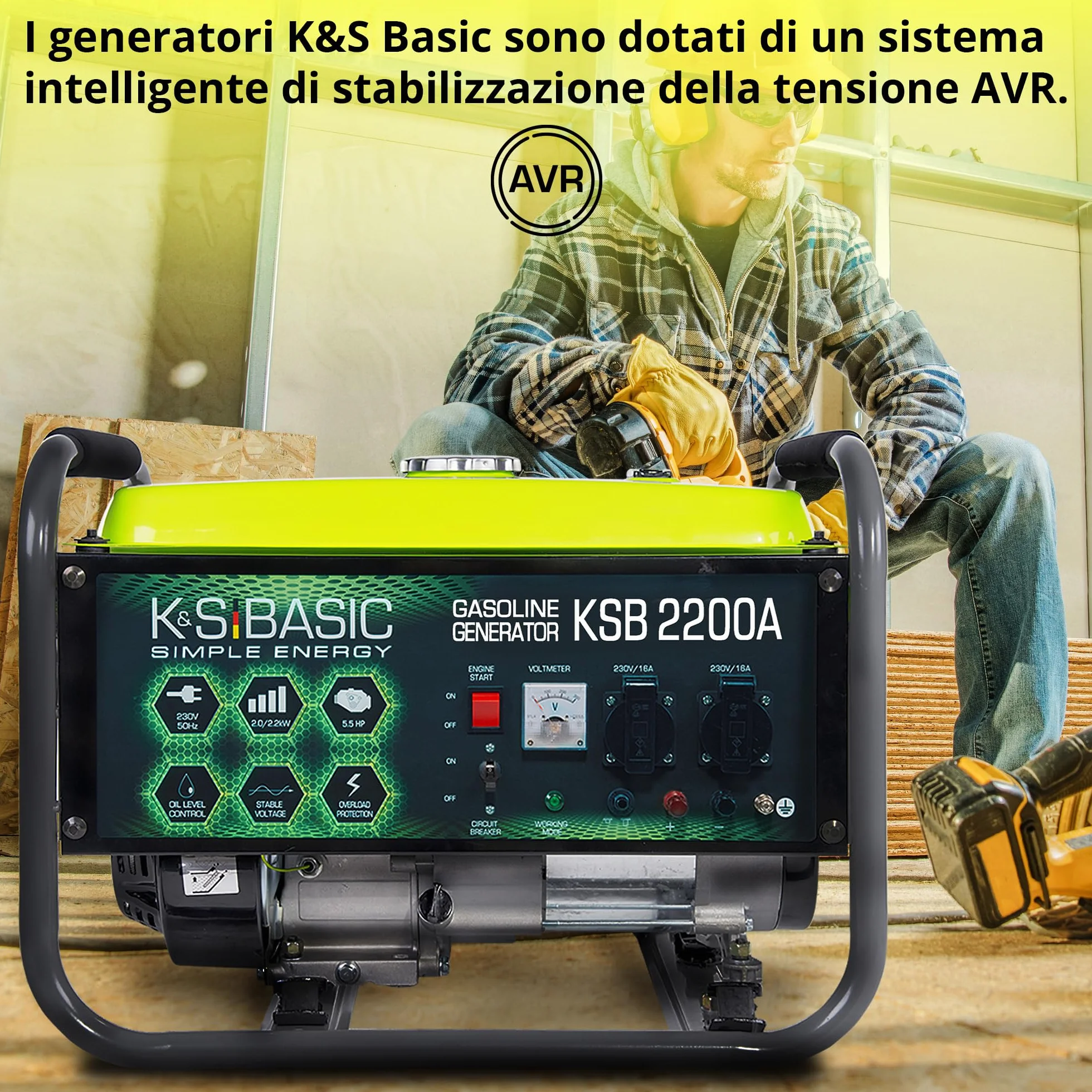 KSB 2200А - Generatore di corrente, motore a benzina a 4 tempi, 5,5 CV, in alluminio, con regolatore automatico di tensione (AVR), 2200 W 16 A, 230 V per uso domestico e ricreativo