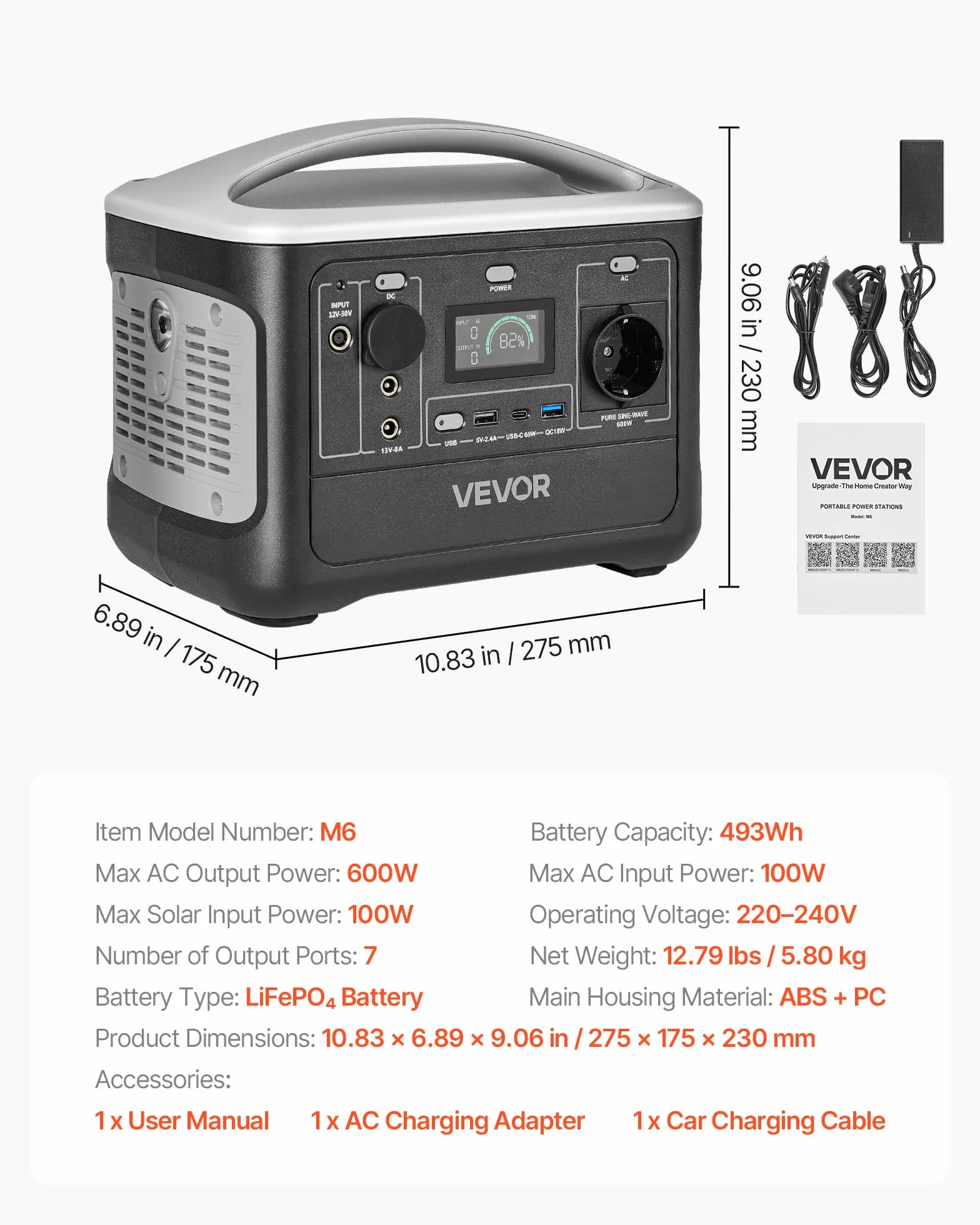VEVOR Centrale Elettrica Portatile da Esterno Generatore da 600 W Batteria Backup LiFePO4 da 493 Wh con 7 Porte di Uscita per Emergenza, Generatore Solare per Campeggio Viaggio, Senza Pannello Solare