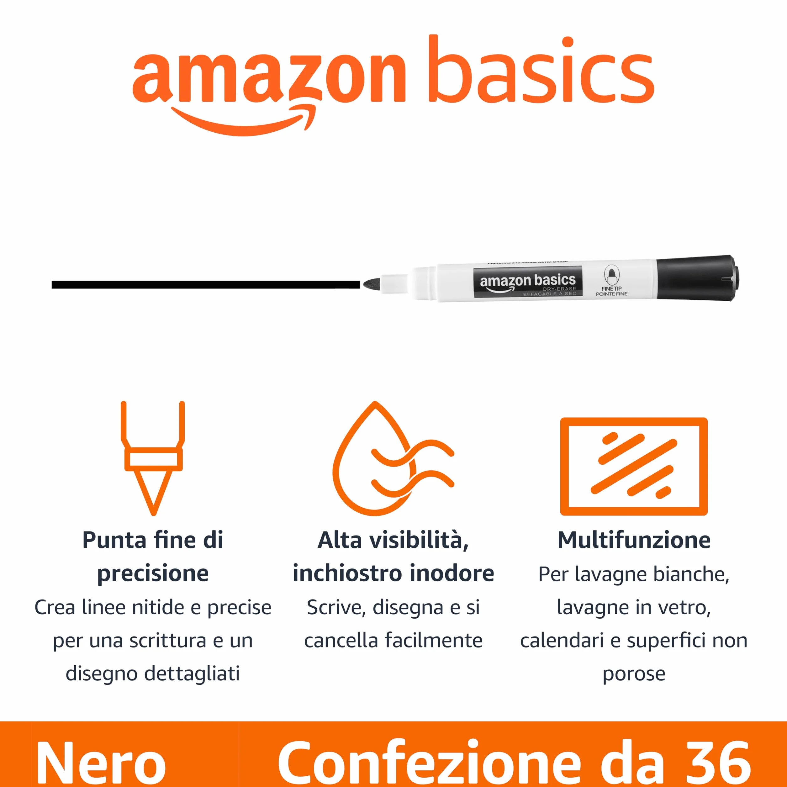 Amazon Basics Low-Odor Dry Erase Whiteboard Markers, Fine Tip, Black, 36 Count