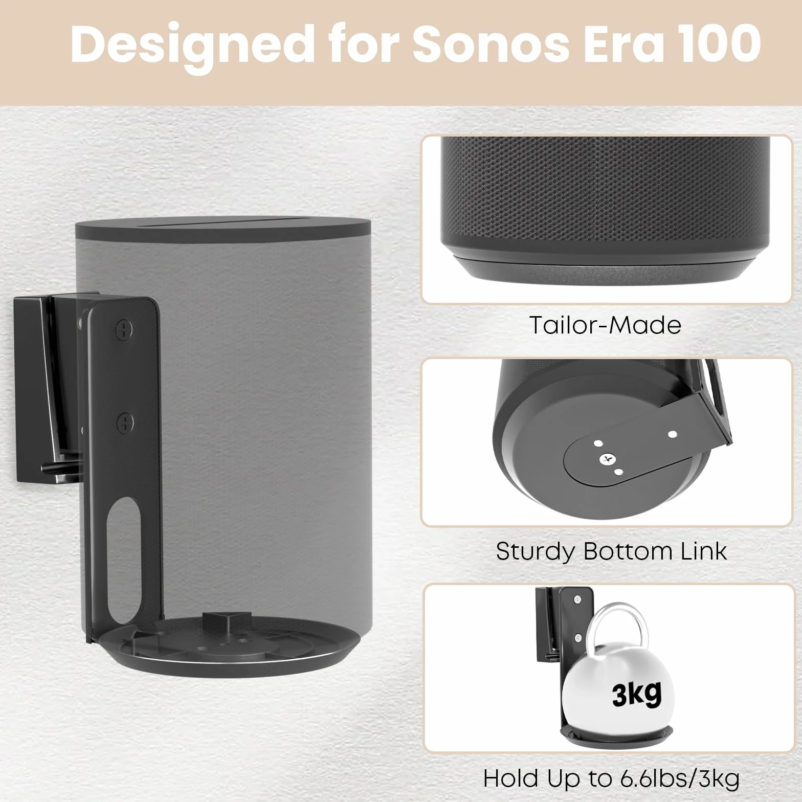 PUTORSEN Supporto da parete per altoparlante Sonos Era 100, girevole inclinabile, nero