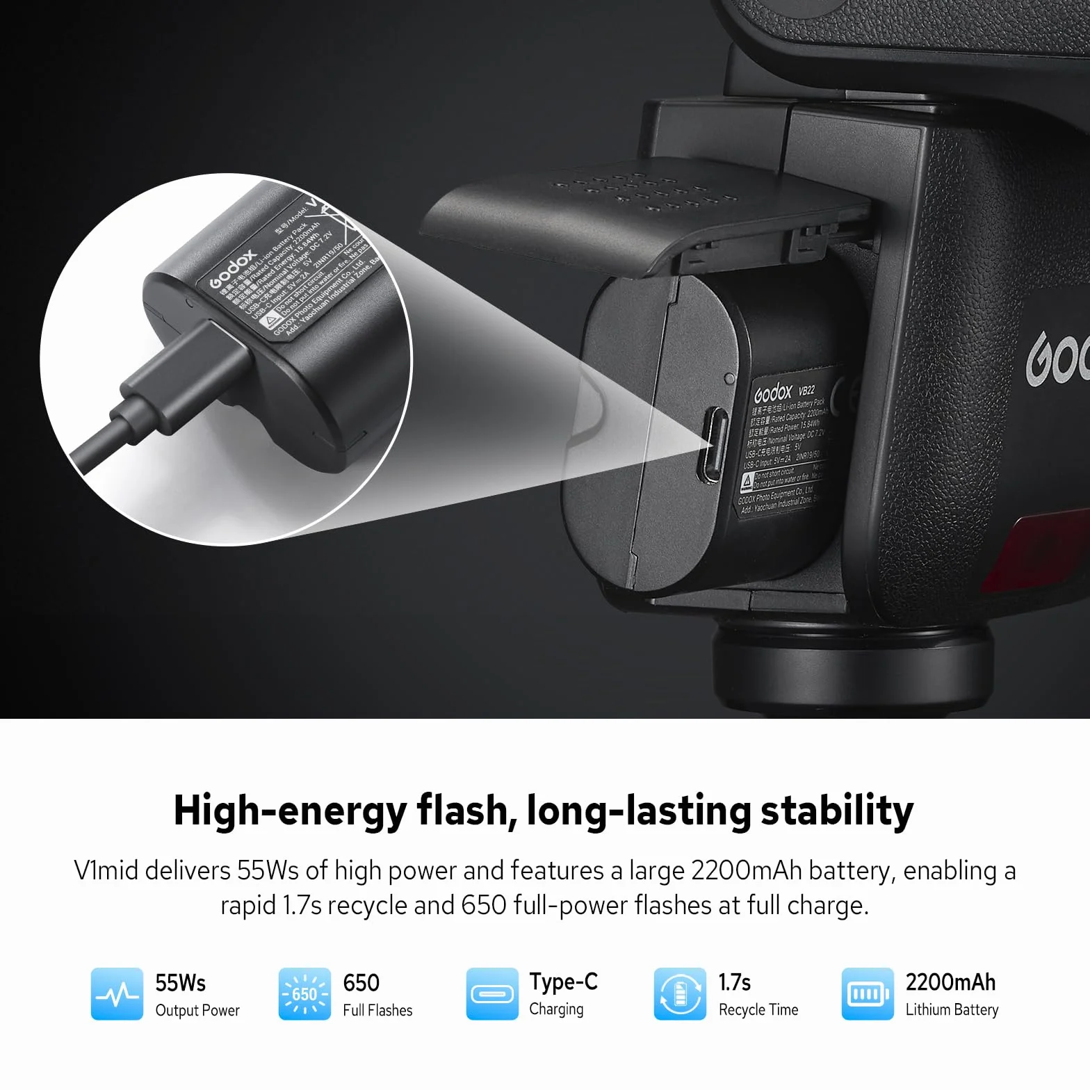 GODOX V1 mid S Flash TTL a Testa Rotonda Wireless 2.4G HSS 1/8000s 2200mAh 650 Flash Supporto Type-C Compatibile Sony