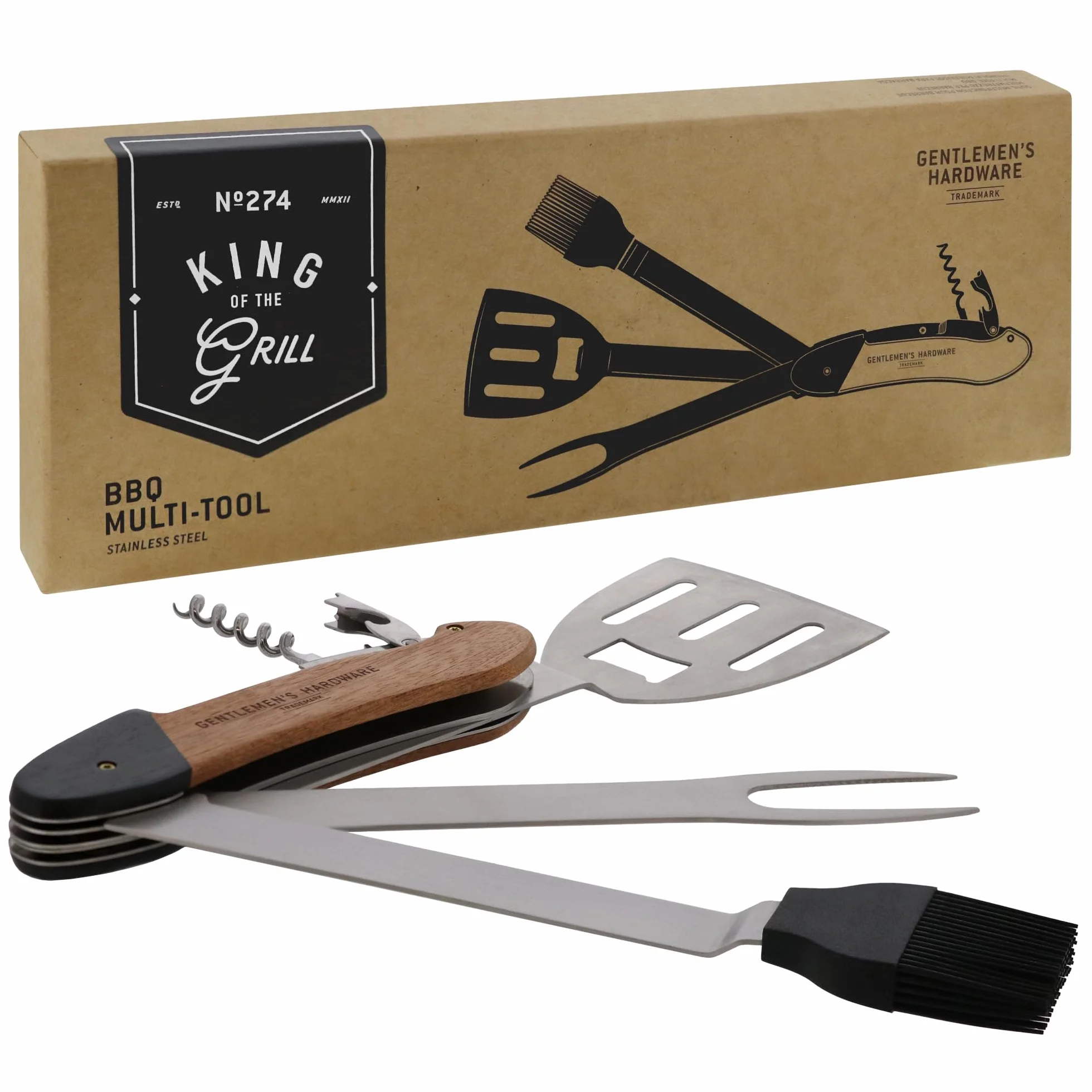 Gentlemen's Hardware Attrezzo Multiuso per Barbecue, Include: spatola, forchetta, apribottiglie e cavatappi, Il Compagno Perfetto per Grigliare in Legno di Acacia e Acciaio Inox, GEN274UK, 5 in 1