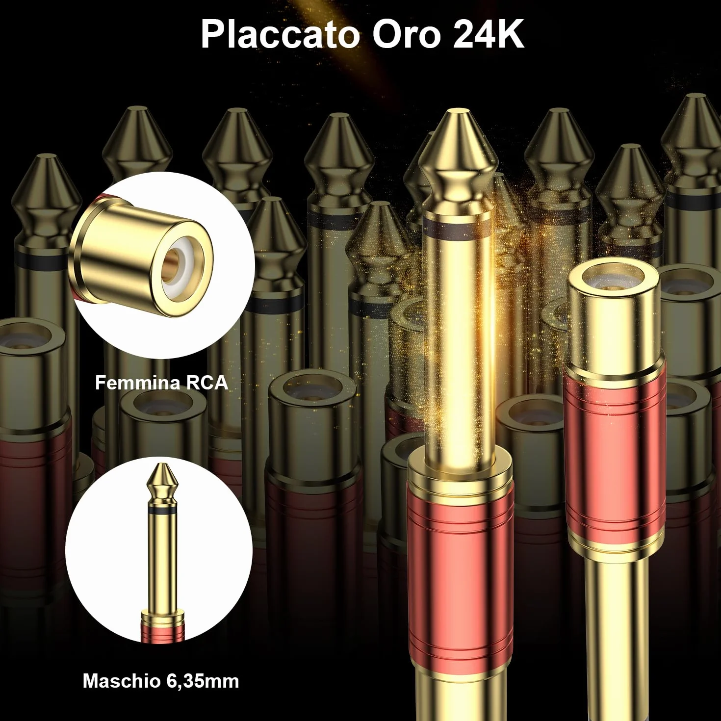 Adattatore Audio RCA a Jack 6,35mm 2 Pezzi - 6,3mm 1/4'' TS Maschio a RCA Femmina (Mono, 24K Dorati, Rosso)