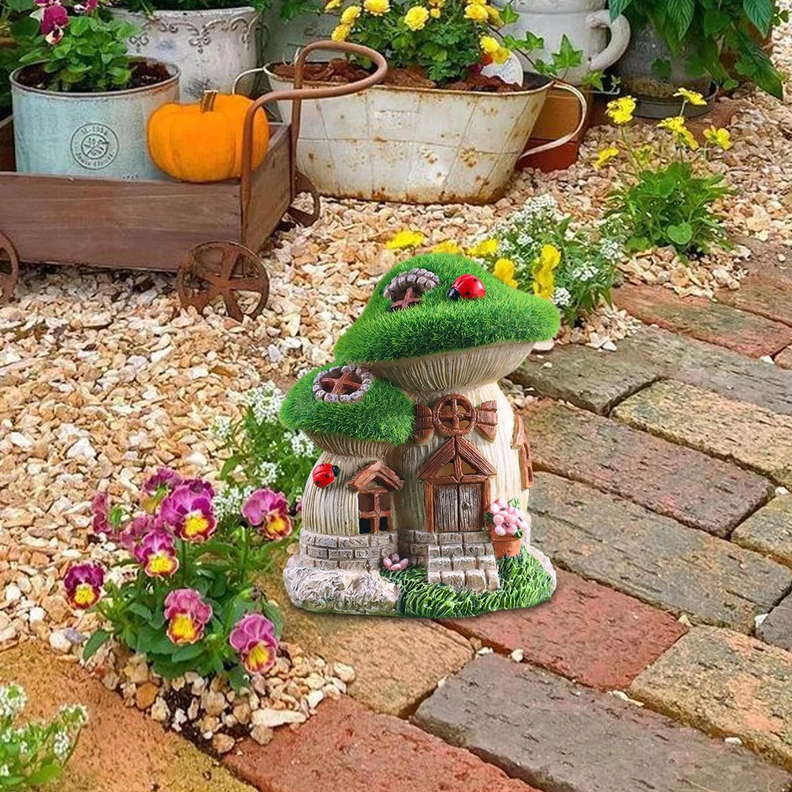 Casa delle fate a energia solare, casetta incantata in resina, statua da giardino, 13,5 x 11,3 x 16,5 cm, decorazione da giardino fantasia, luce a LED, decorazione per esterni resistente alle