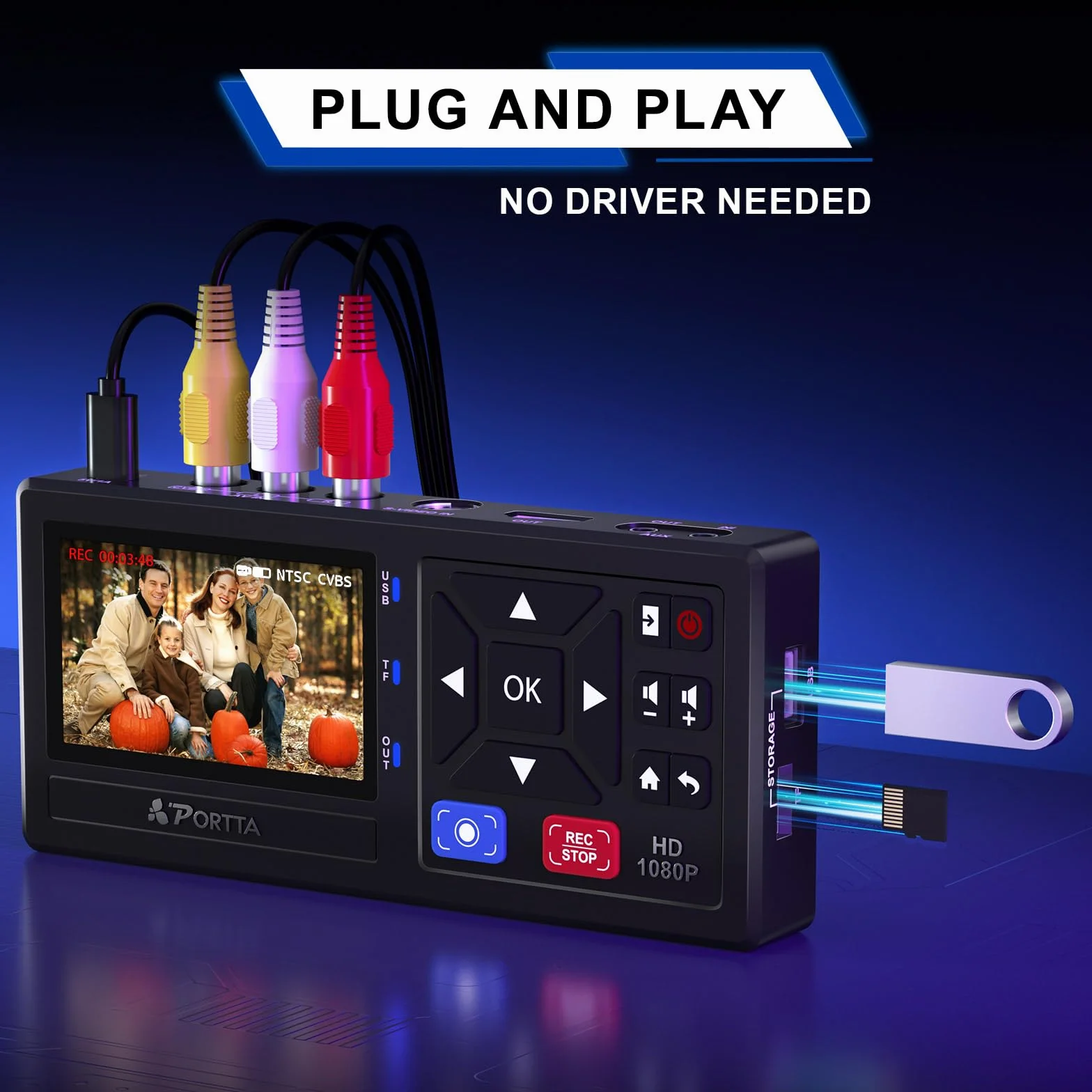 Convertitore da VHS a digitale Portta, registratore video con telecomando, compatibile VHS DVR Hi8 Mini DV console gioco