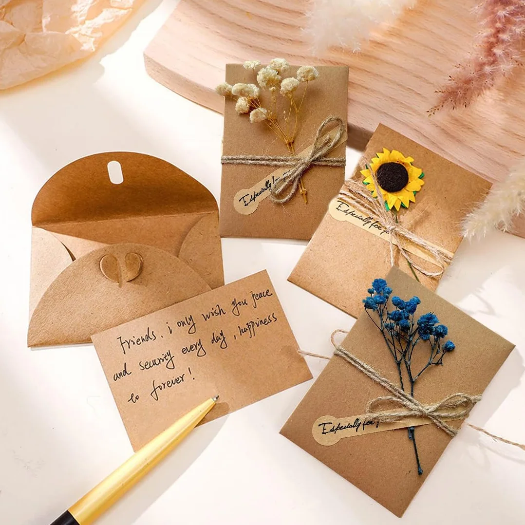 Biglietti Auguri Compleanno 10 Pcs Kraft Fiori Secchi Confezione da Carta da Lettere con Busta