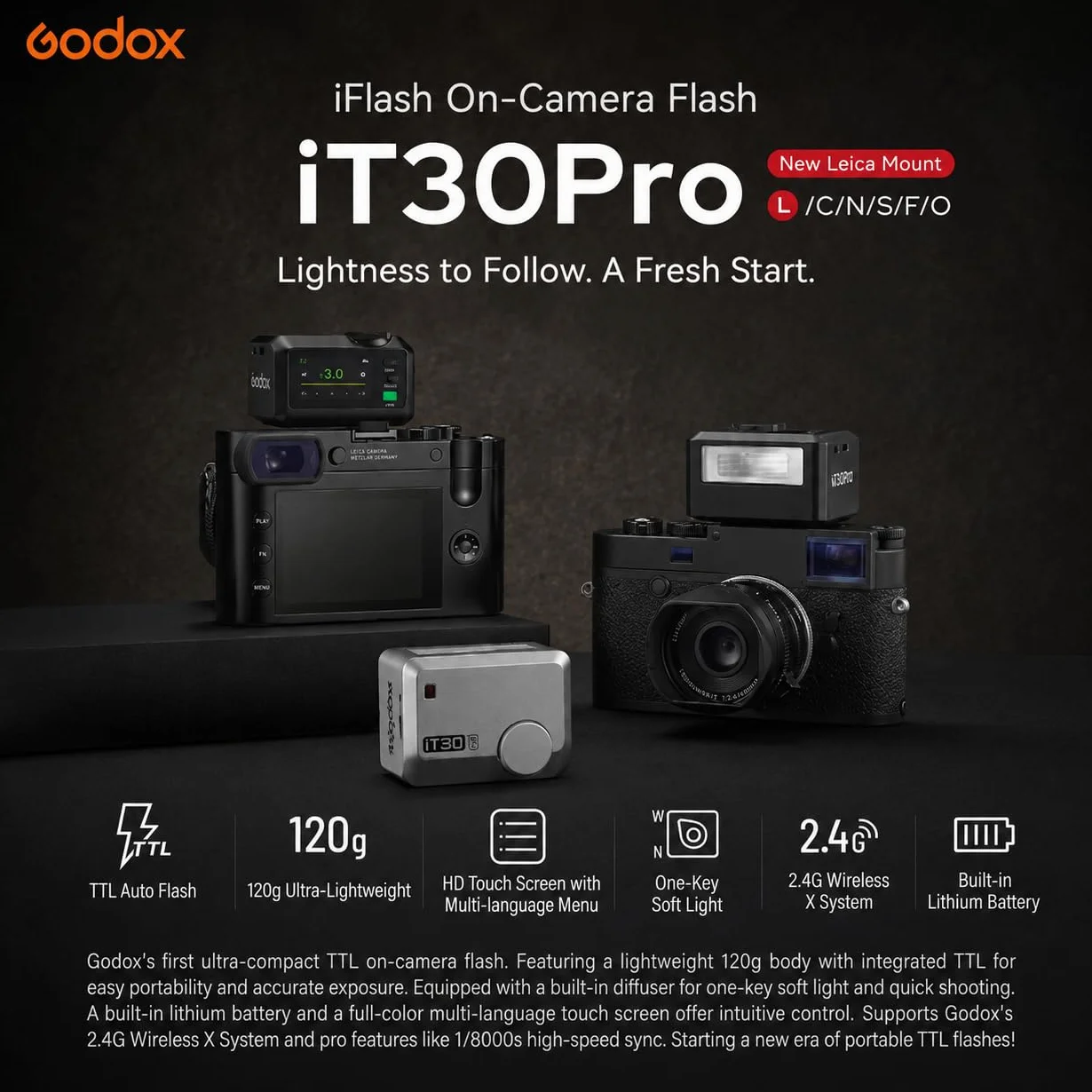 Godox iT30 Pro Flash Mini TTL per Fotocamere Leica, Wireless 2.4G HSS 1/8000s Touchscreen, Ricaricabile Nero