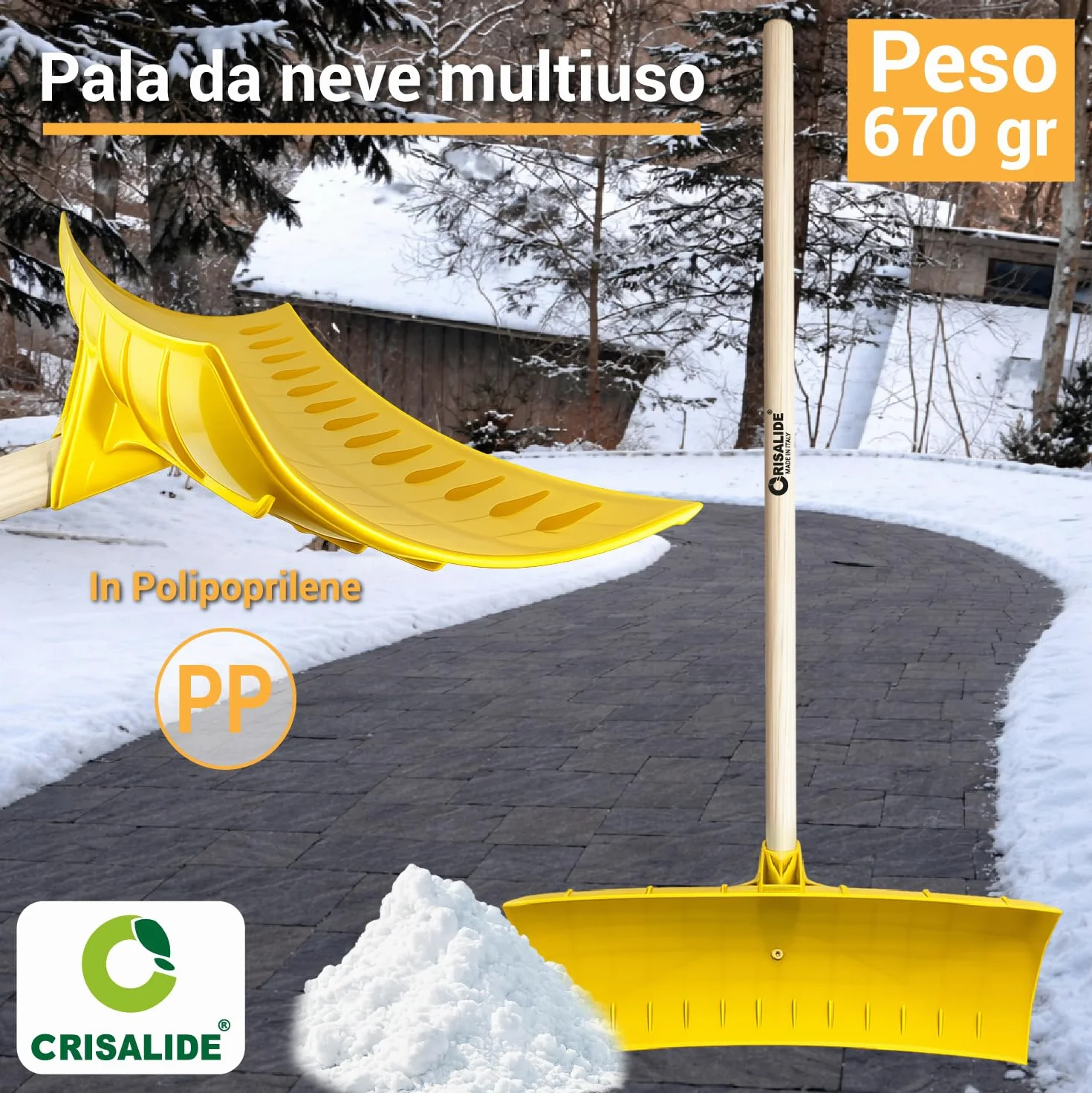 Crisalide® - Pala da Neve con Manico 130 cm in Legno di Faggio – Spingi Neve Multiuso 61 cm in Polipropilene PP, Peso 670 g – Pala Spingineve per Neve, Cereali, Ghiaia e Fango per Vialetti Cortili