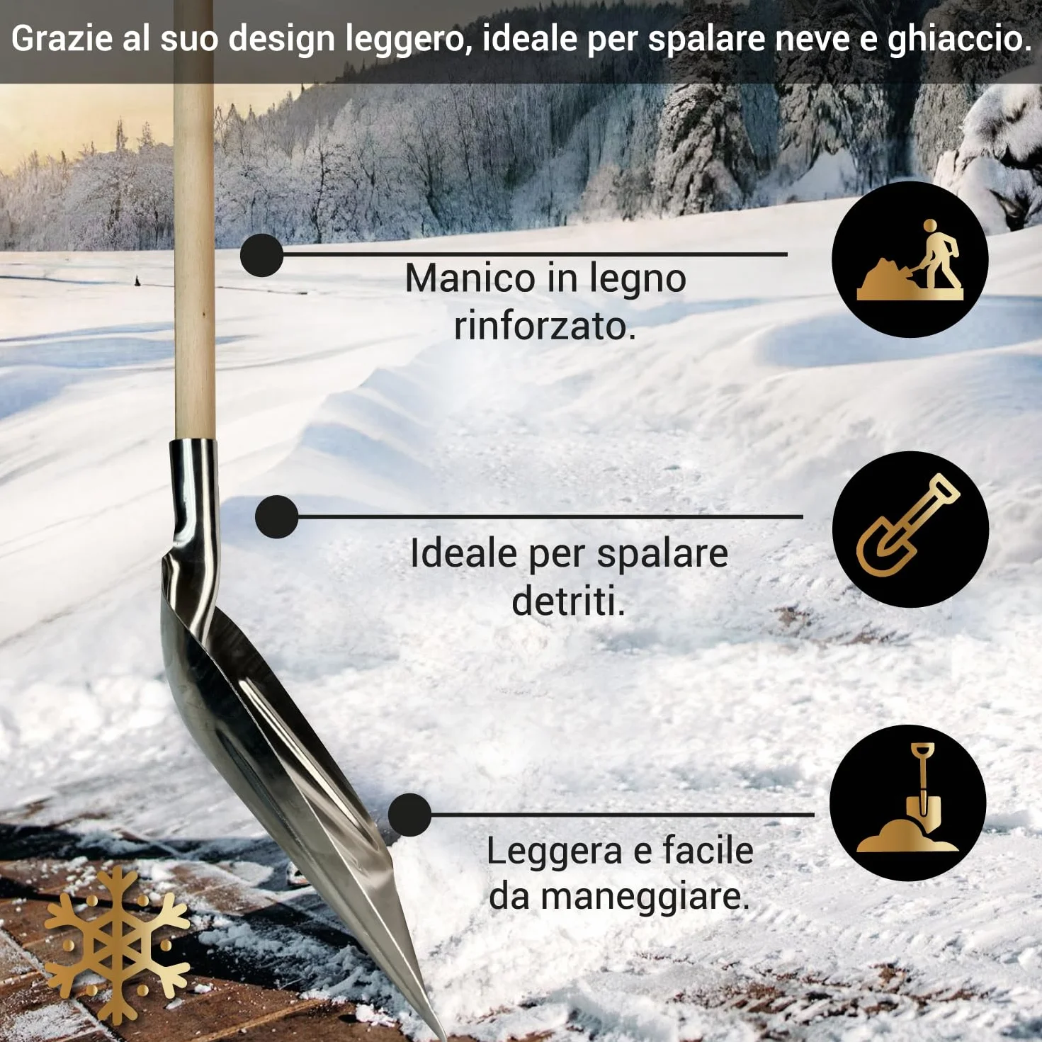 Crisalide® - Badile Super Resistente 36x49 cm con Manico in Legno - Versatile per Uso Agricolo, Giardinaggio e Lavori Pesanti, Multiuso, Pala da Neve (Alluminio)