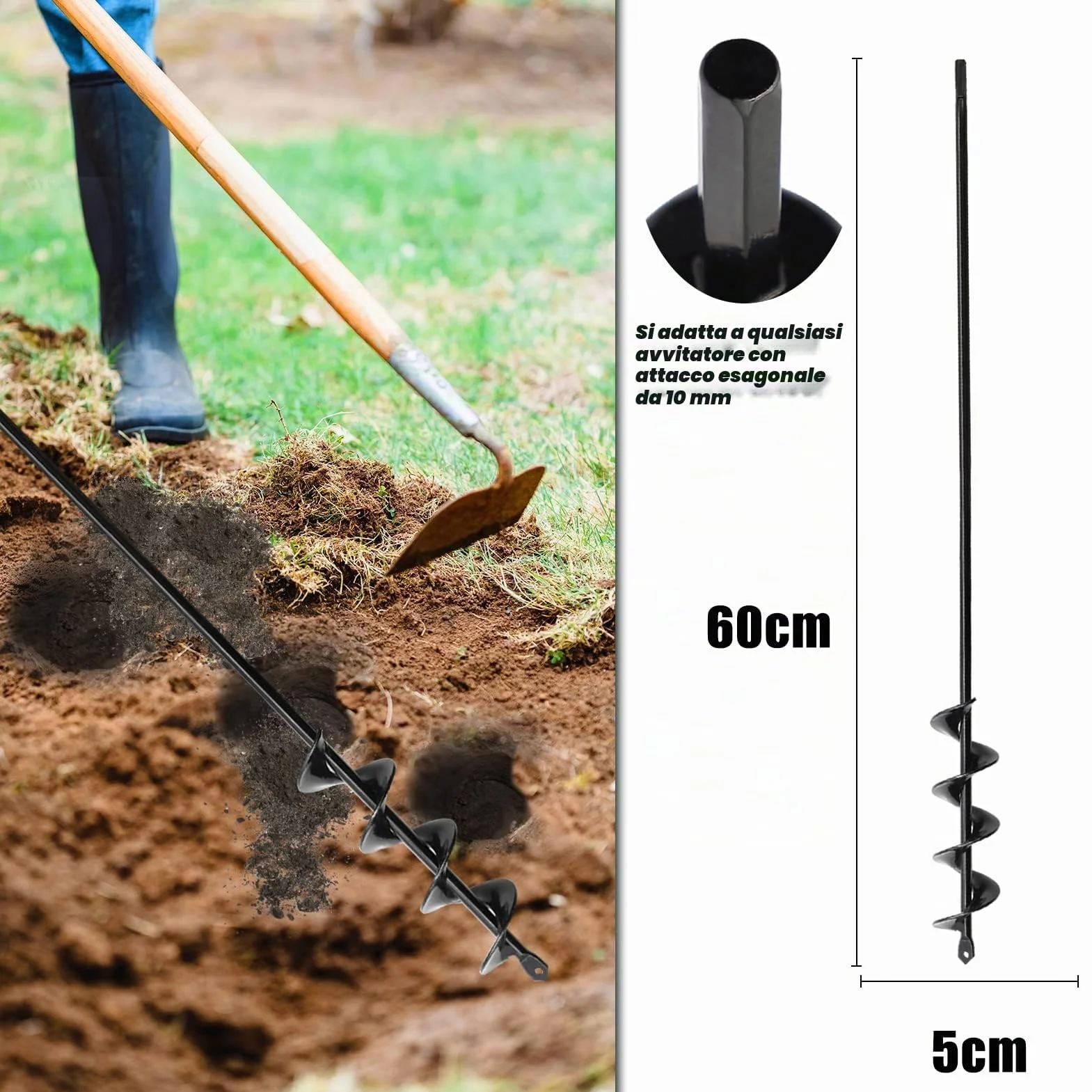Trivella per Trapano ø50mm X 600mm,Trivella per Terreno Punta Trapano per Terreno per Giardino, Si Adatta Alla Maggior Parte Dei Trapani Con Attacco Esagonale Da 3/8"