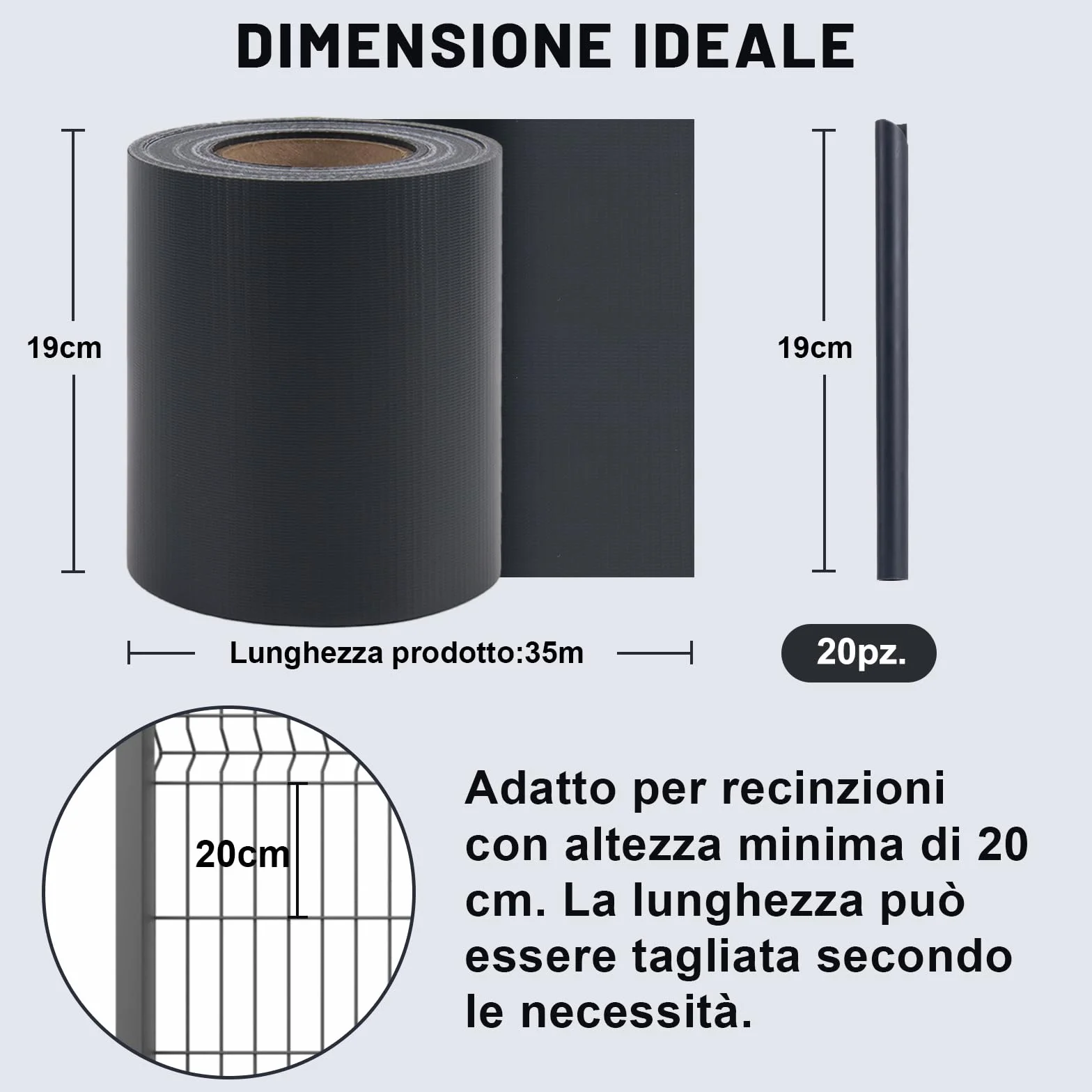 HENG FENG Strisce Frangivista PVC,per Recinzione a Doppio Picchetto 35m x 19cm,450g/m²,Anti-UV,Impermeabile,Antistrappo,Incluse 20 Clip–Protezione Privacy per Giardino e Balcone (Antracite)