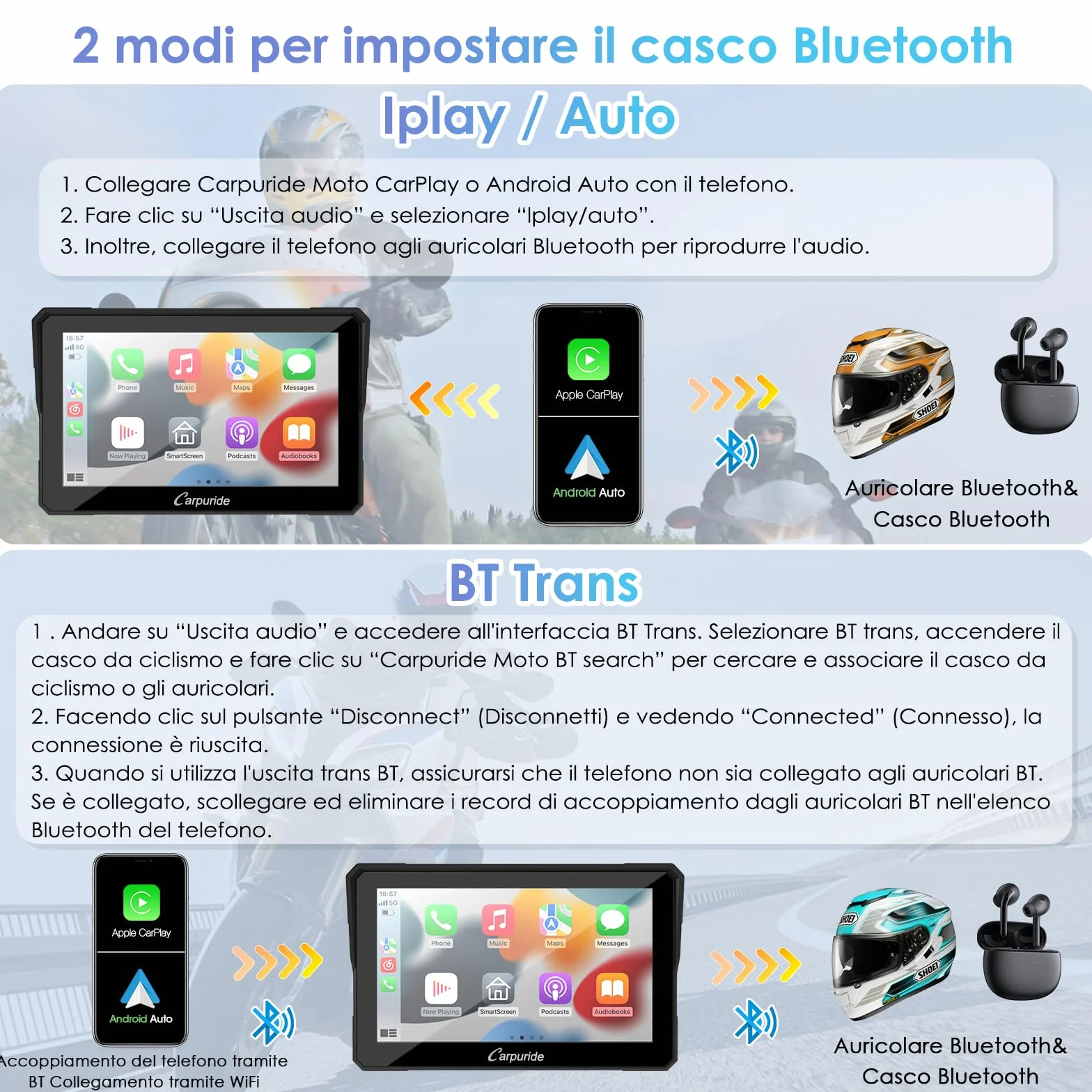 Carpuride W702 Schermo CarPlay Moto 7" Touchscreen Impermeabile GPS Bluetooth