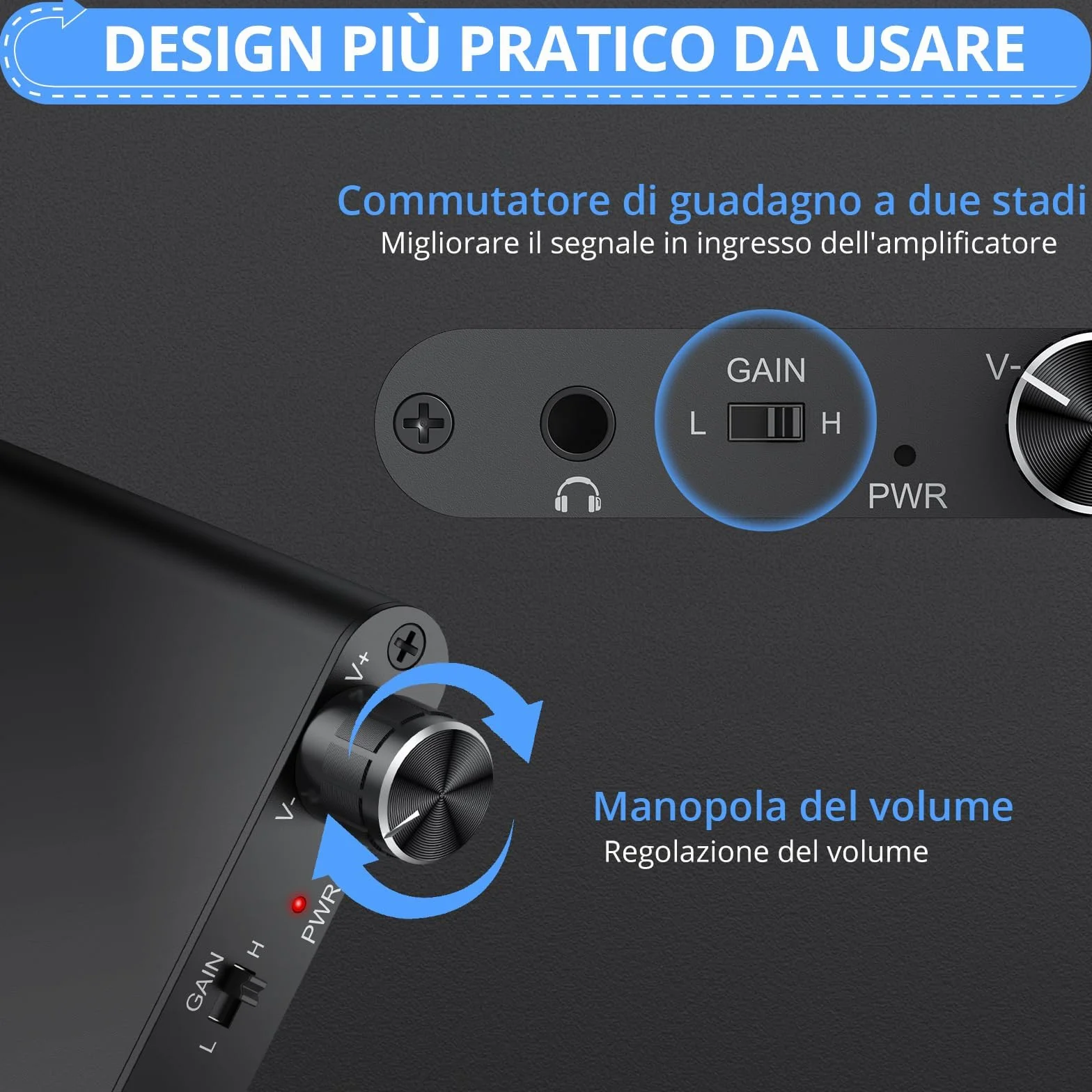 Amplificatore per Cuffie Hi-Fi Portatile Ricaricabile 16-300Ω Due Livelli di Guadagno Manopola Volume Ingresso/Uscita 3,5 mm